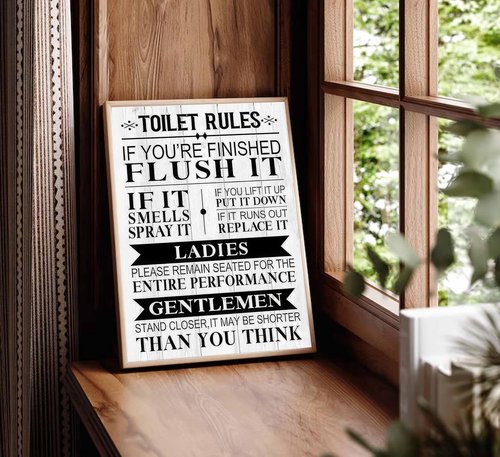 Funny Toilet Rules Quotes Canvas Wall Art - Black & White Humor for Eclectic Bathroom Decor