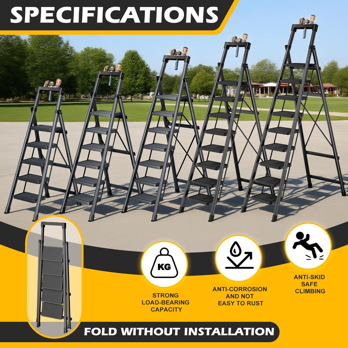 8 Step Ladder,Folding Step Stool with Tool Tray,Portable Sturdy Steel Ladder with Anti-Slip Pedal,Lightweight,Convenient Work Platform,Sturdy Carbon Steel Step Ladder for Adult,Garden,Garage
