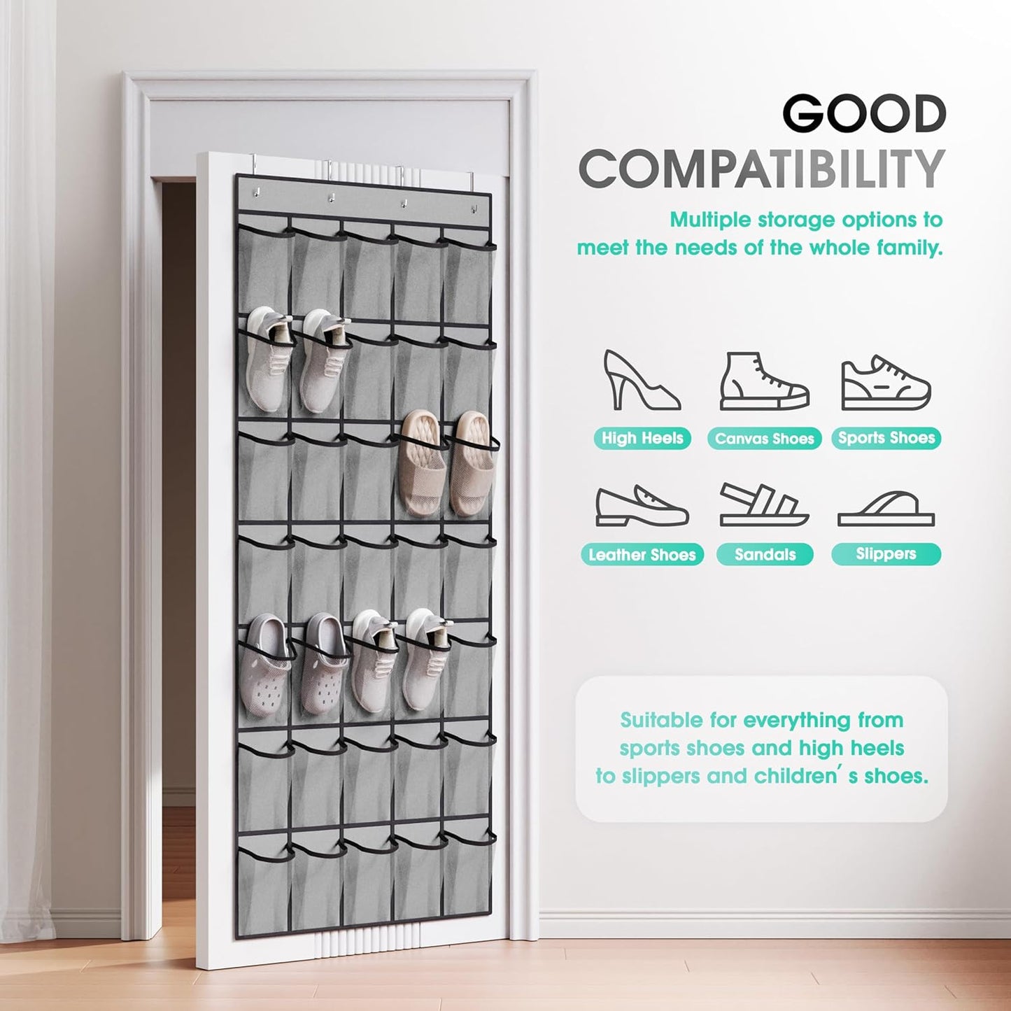 WVM Over The Door Shoe Organizer - 35 Breathable Mesh Pockets | Large Capacity Closet Storage in Grey