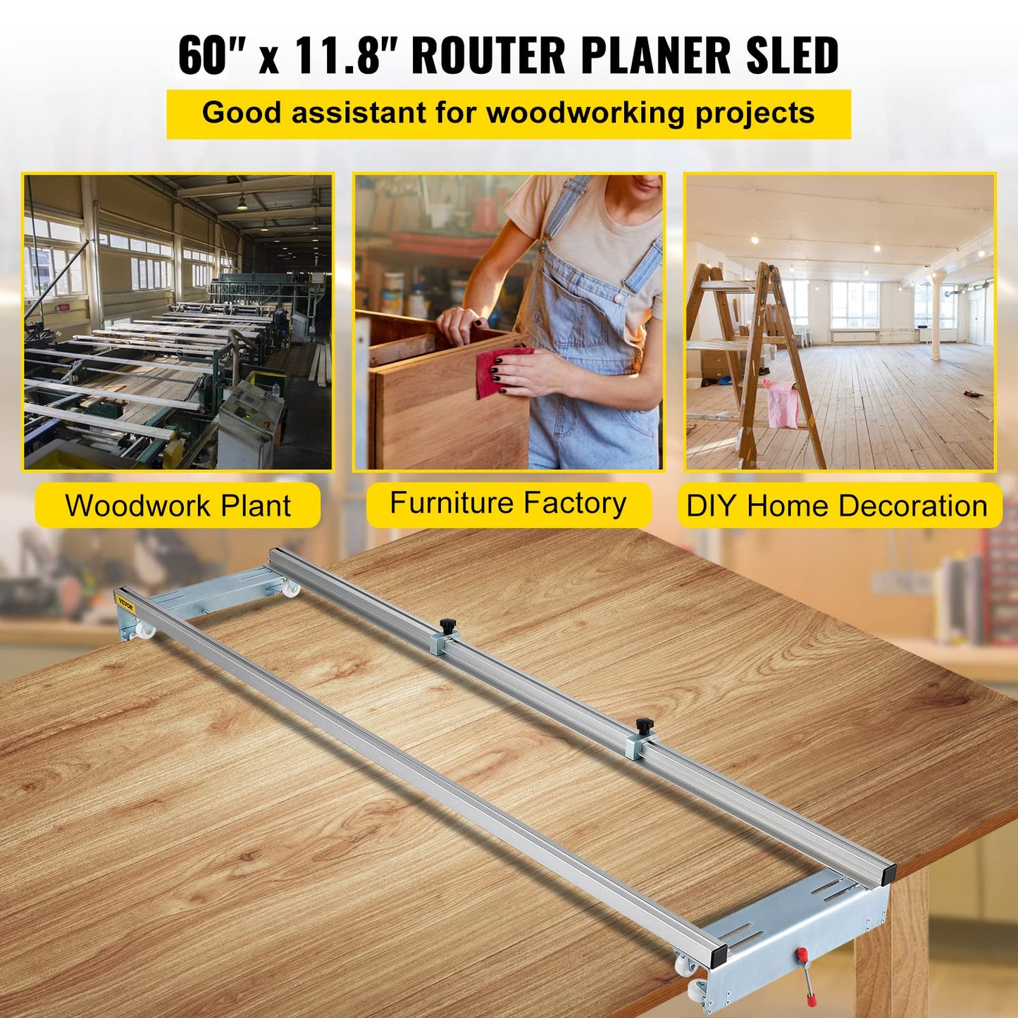 VEVOR Router Sled, 64 inches / 162.6cm Width, Slab Guide Jig for Woodworking with Locking Function, Portable and Easy to Adjust, Trimming Planing Machine for Wood Flattening, Home DIY