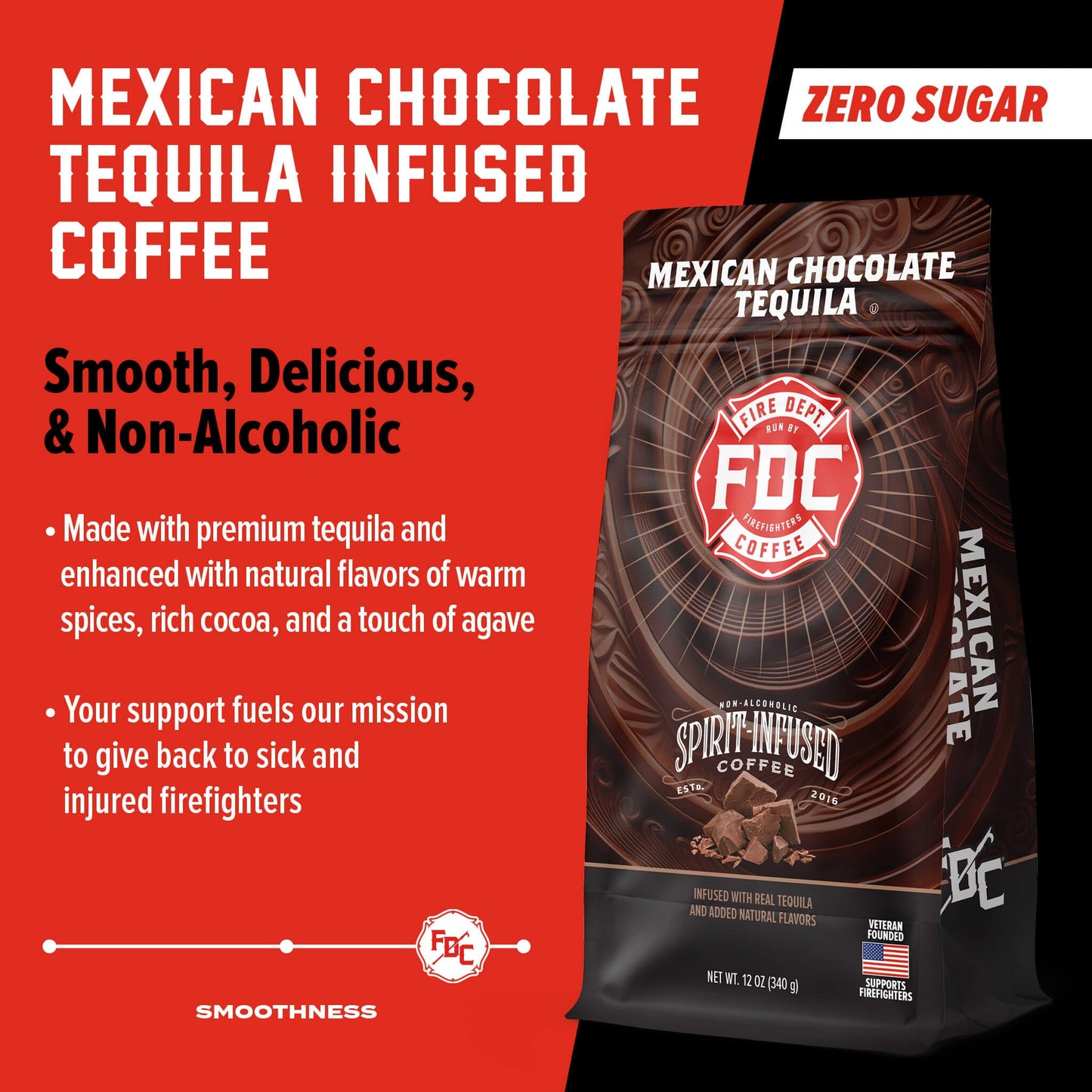 Fire Department Coffee - Gives Back to Firefighters - Mexican Chocolate Tequila Infused Whole Bean Coffee - Medium Roast - Non-Alcoholic - Roasted in the USA - Veteran Owned - 12 oz