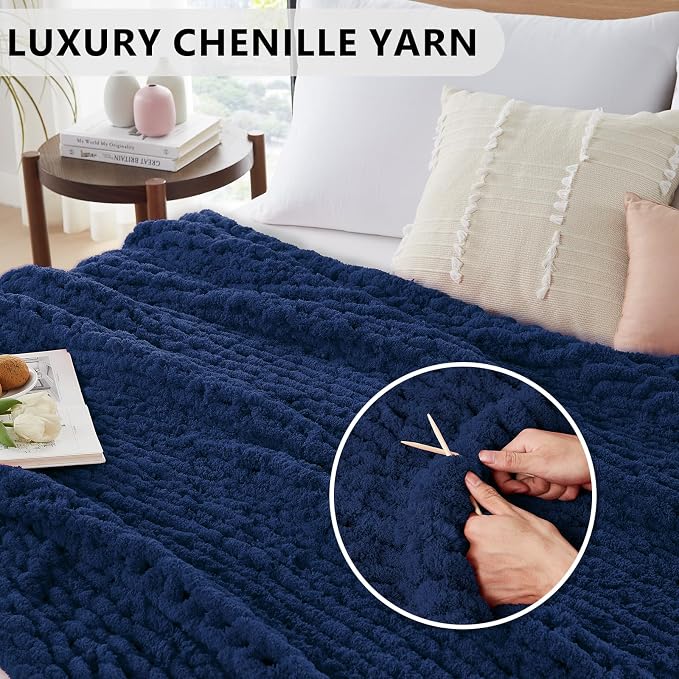 L'AGRATY Chunky Knit Blanket Throw: 72''x84'' Chenille Chunky Knitted Throw Blankets for Bed Couch - Handmade Thick Big Cable Knit Blanket - Large Crochet Blankets for Home Decor(Navy Blue)