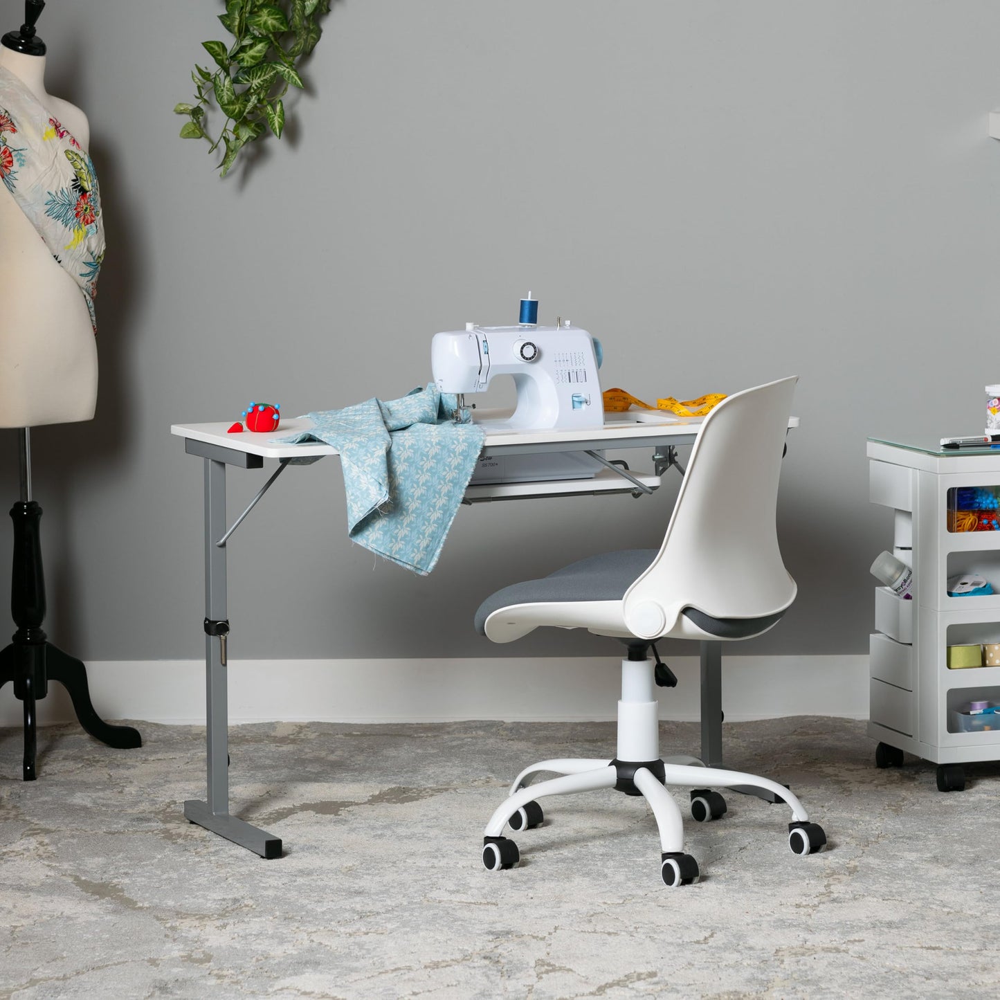 Rollaway II Compact Portable Folding Sewing Table, Silver/White