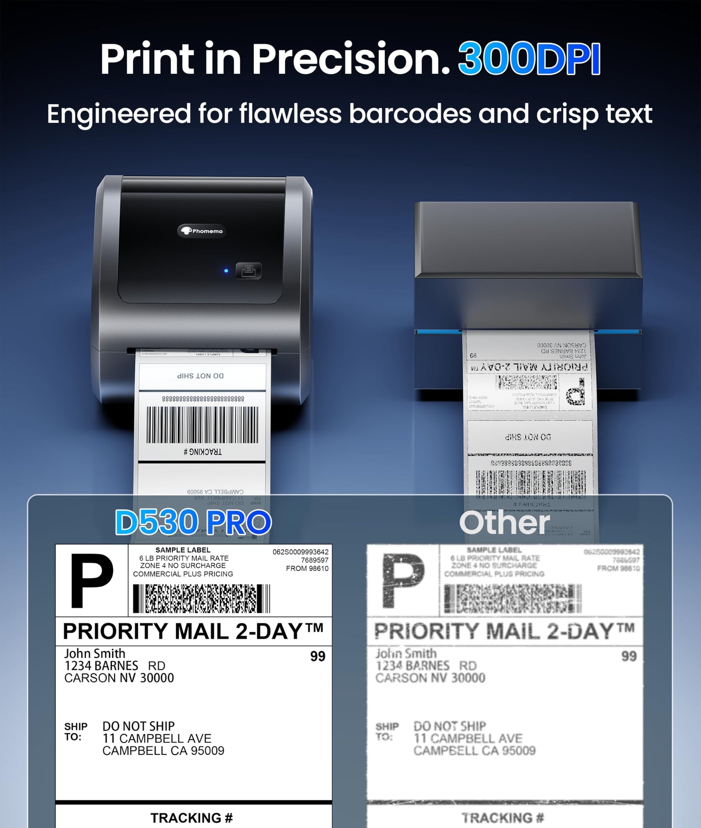 Phomemo 300 DPI 4x6 Thermal Shipping Label Printer with 500 Labels, Ethernet Bluetooth USB, High Resolution Thermal Printer for Small Business, Compatible with iOS Android Windows Mac, for USPS UPS