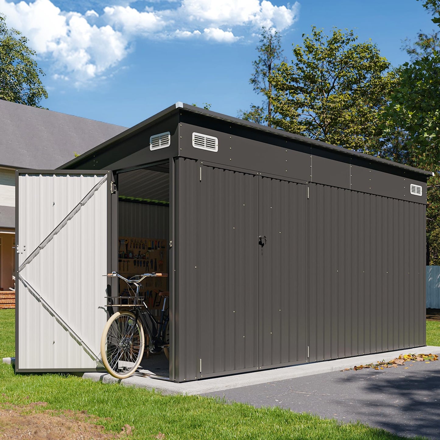 Breezestival 8'x12' Outdoor Shed Lean to Storage Sheds with Triple Doors Utility Galvanized Steel Sheds for Vertical Storage, Dual Lock Metal Shed with Sloped Roof for Mower,Bike,Garden Tools (Black)