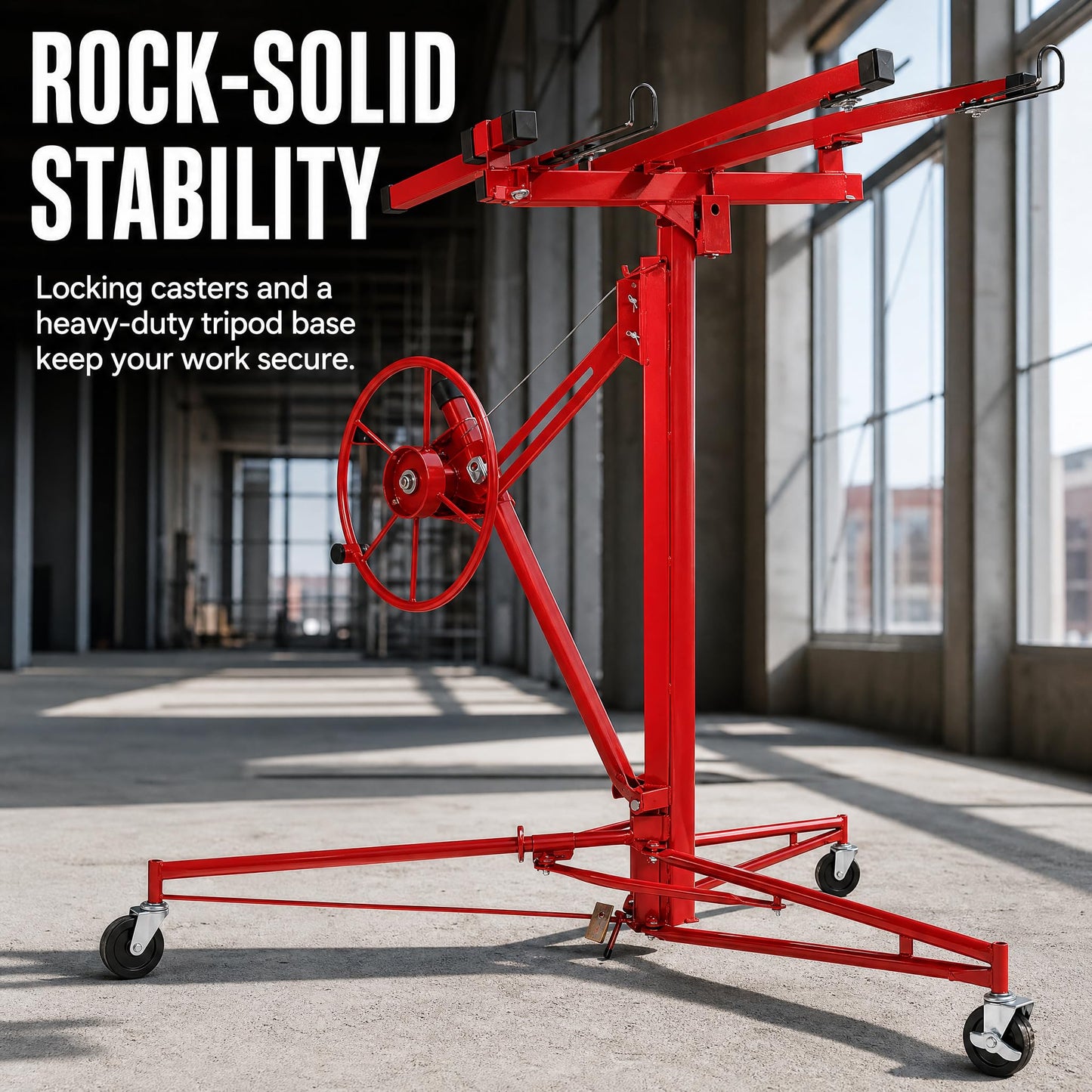 Winado 16 FT Drywall Lift Panel Rolling Hoist Jack Lifter Sheetrock, Drywall Lifting Construction Tools Caster Wheel with Adjustable Telescopic Arm, Red
