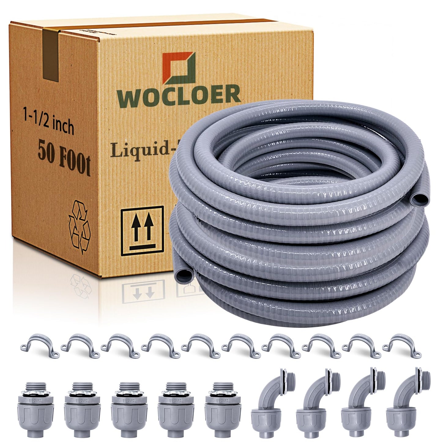 Wocloer 1-1/2 inch 50 Foot Liquid-Tight Conduit Kit, Flexible Non Metallic Electrical Conduit and Connector Kit, With 5 Straight and 4 Angle Fittings and Pipe Strap.