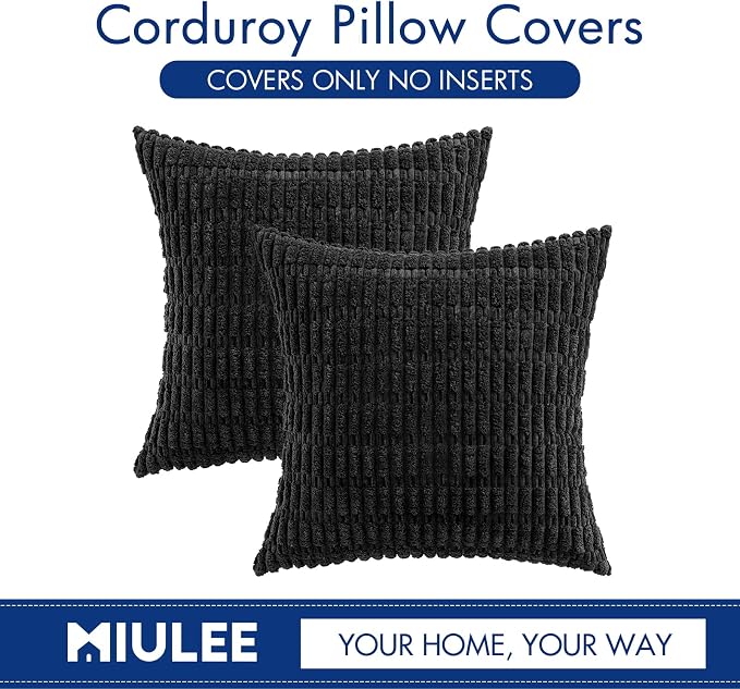 MIULEE Pack of 2 Corduroy Decorative Throw Pillow Covers 16x16 Inch Soft Boho Striped Pillow Covers Modern Farmhouse Home Decor for Halloween Sofa Living Room Couch Bed Black