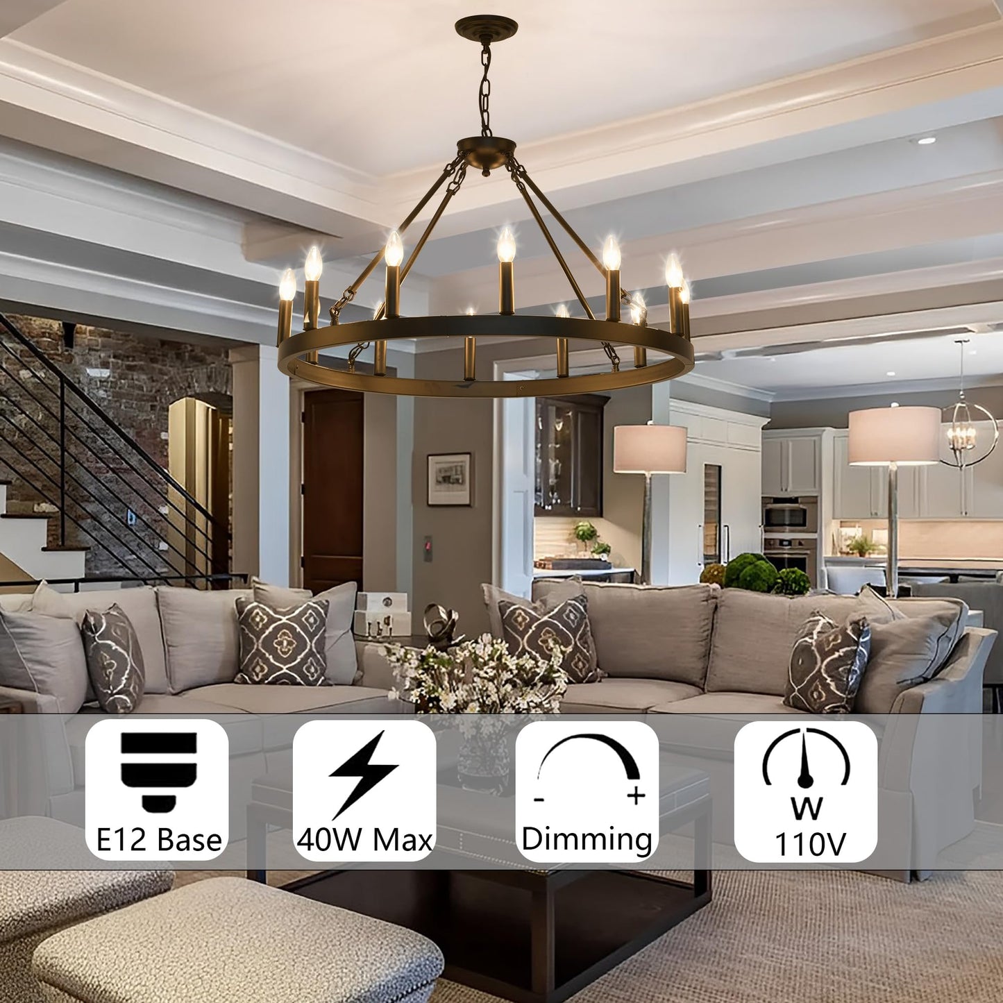ZBMYRBZJ Black Wagon Wheel Chandelier 32 inch,12-Light Farmhouse Wagon Wheel Chandeliers Round Industrial Ceiling Light fixtures for Porch high Ceilings Living Dining Room Foyer Entryway