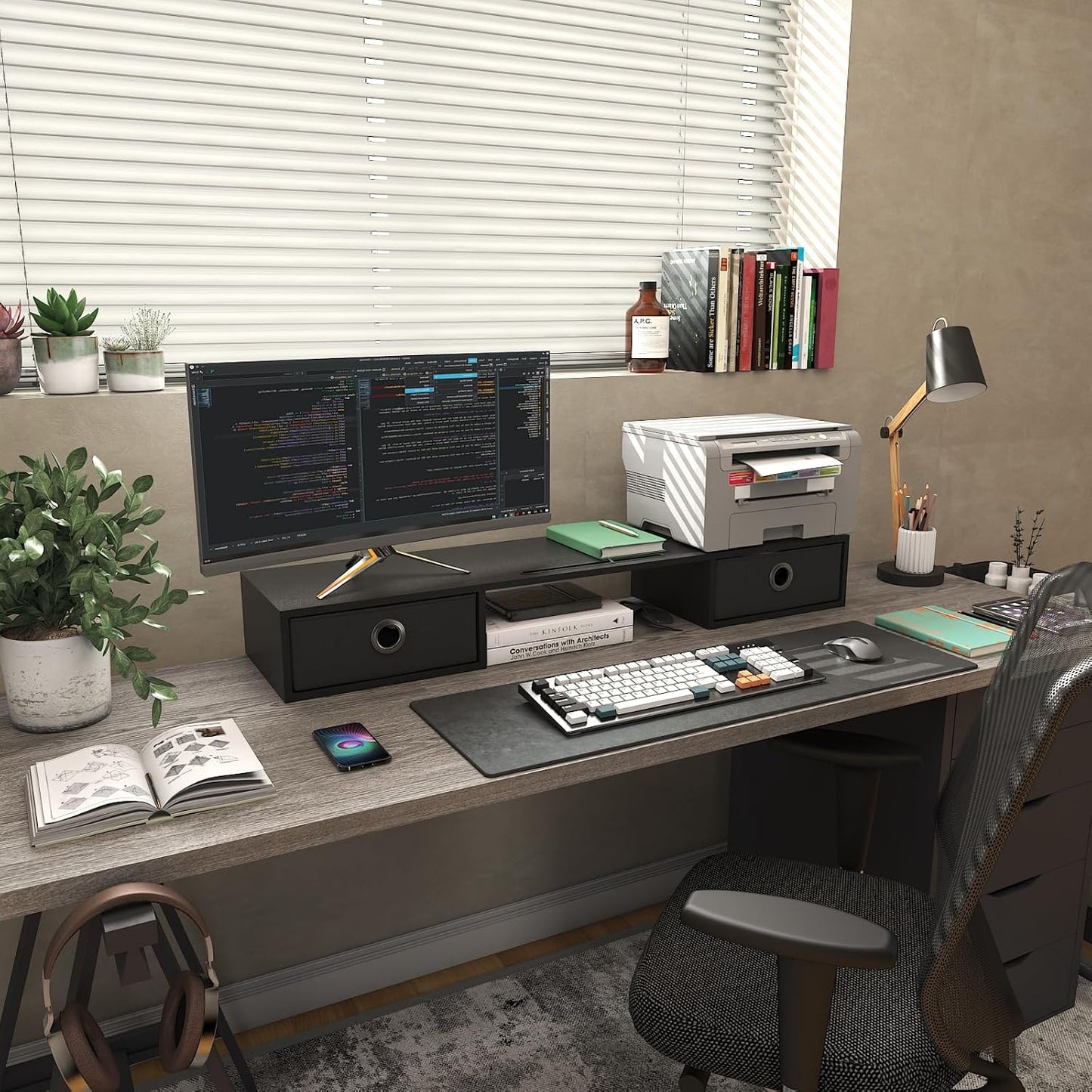 2 WESTREE Dual Monitor Stand Riser with Two Drawers, Extra Large Storage Monitor Stand for Monitors, Desktop Oraganizer
