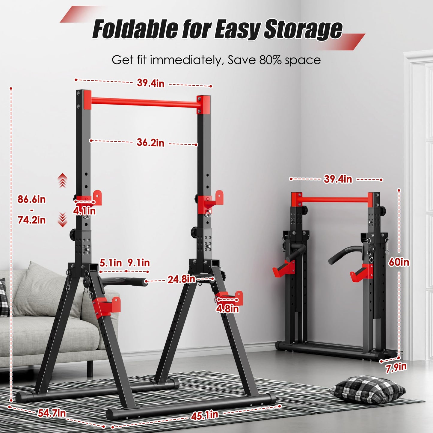 SogesPower Power Tower Pull Up Bar Station, Foldable Pull Up Dip Station Free Standing for Home Gym,Adjustable Pull Up Bar Stand Dip Bar Strength Training Workout Equipment,Triangular Design,Red