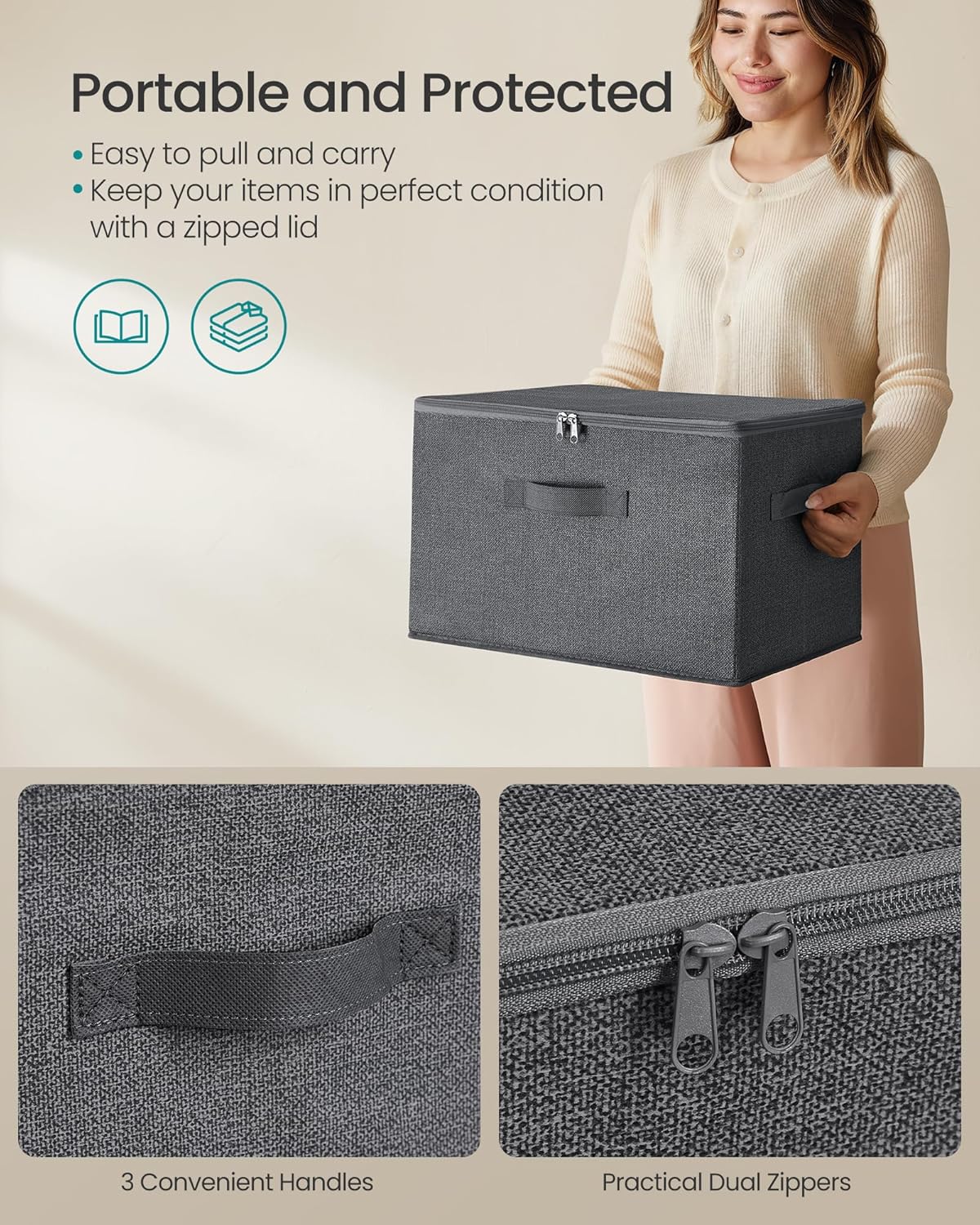 SONGMICS Foldable Storage Organizer Boxes - Set of 3 Bins with Lids & Handles | Slate Gray, 15.7 x 11.8 x 9.8 Inches
