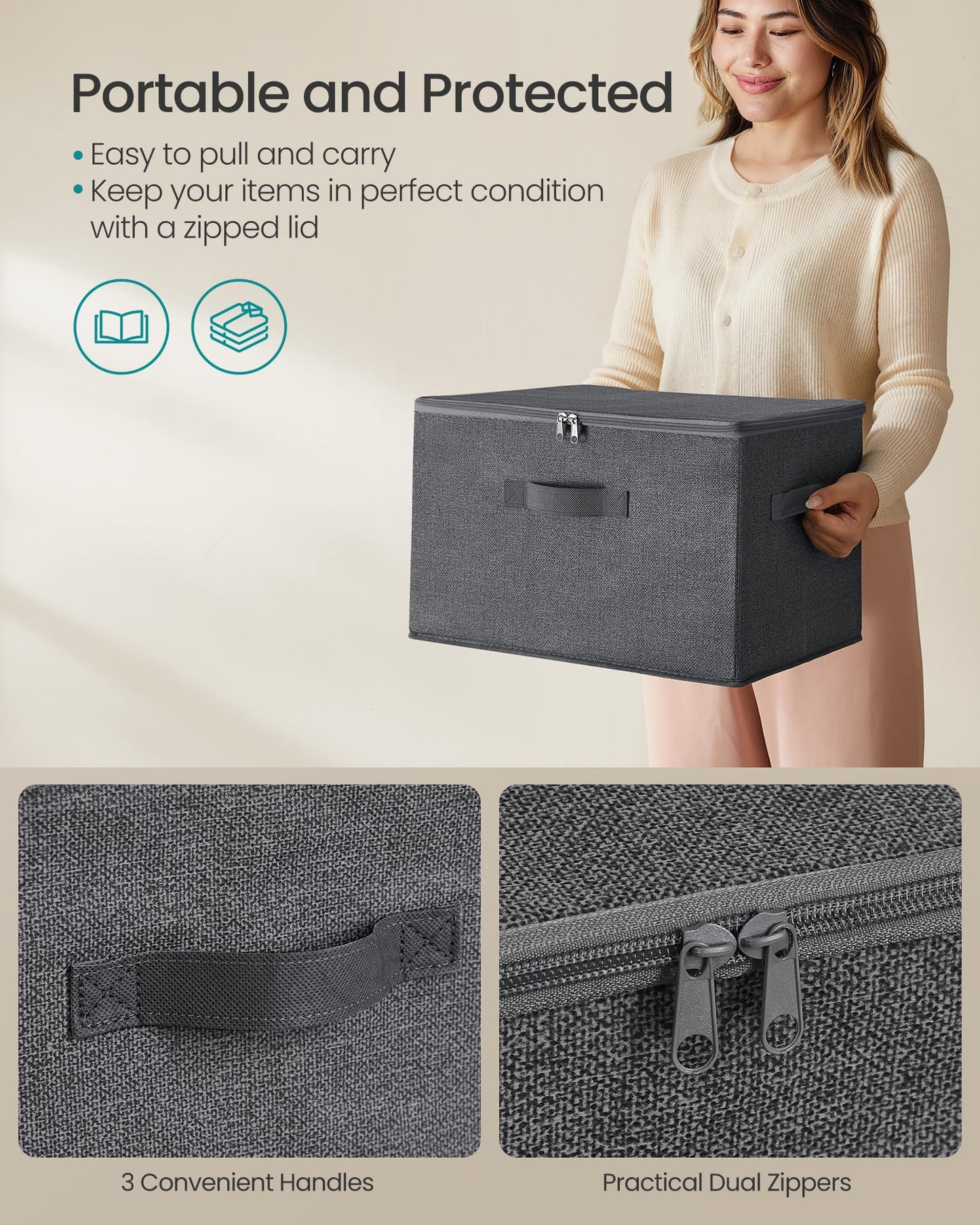 SONGMICS Foldable Storage Organizer Boxes, Set of 3 Storage Basket Bins with Lids, Handles, Clothes Organizer, 15.7 x 11.8 x 9.8 Inches, Non-Woven Fabric, Slate Gray URYZB03G