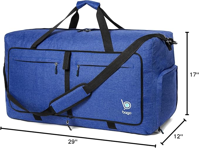 Bago Large Foldable Duffel Bags for Traveling Women & Men - 100L Packable Duffle Bag for Travel with Shoe Compartment - Water Repellant, Heavy Duty, Lightweight Folding & Collapsible (SnowDepBlue)