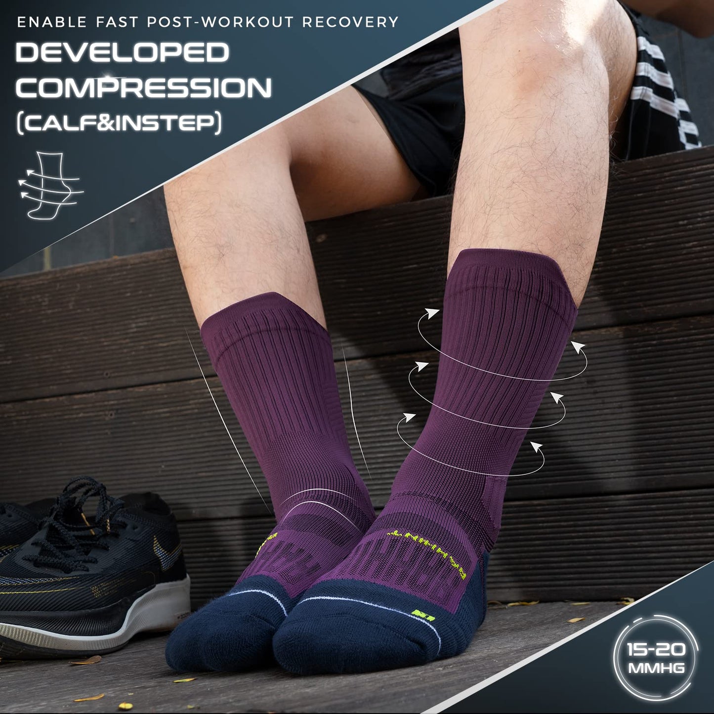 Rahhint Compression Running Socks 3 Pairs, Cushion Crew Socks, Anti-Blister Moisture Wicking Athletic Hiking Basketball Socks