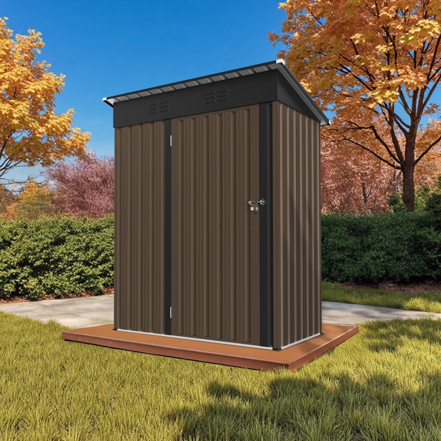 5' x 3' Outdoor Storage Shed, Sturdy Metal Building w/Floor Frame and Lockable Doors for Garden, Backyard, Poolside and Lawn, Brown