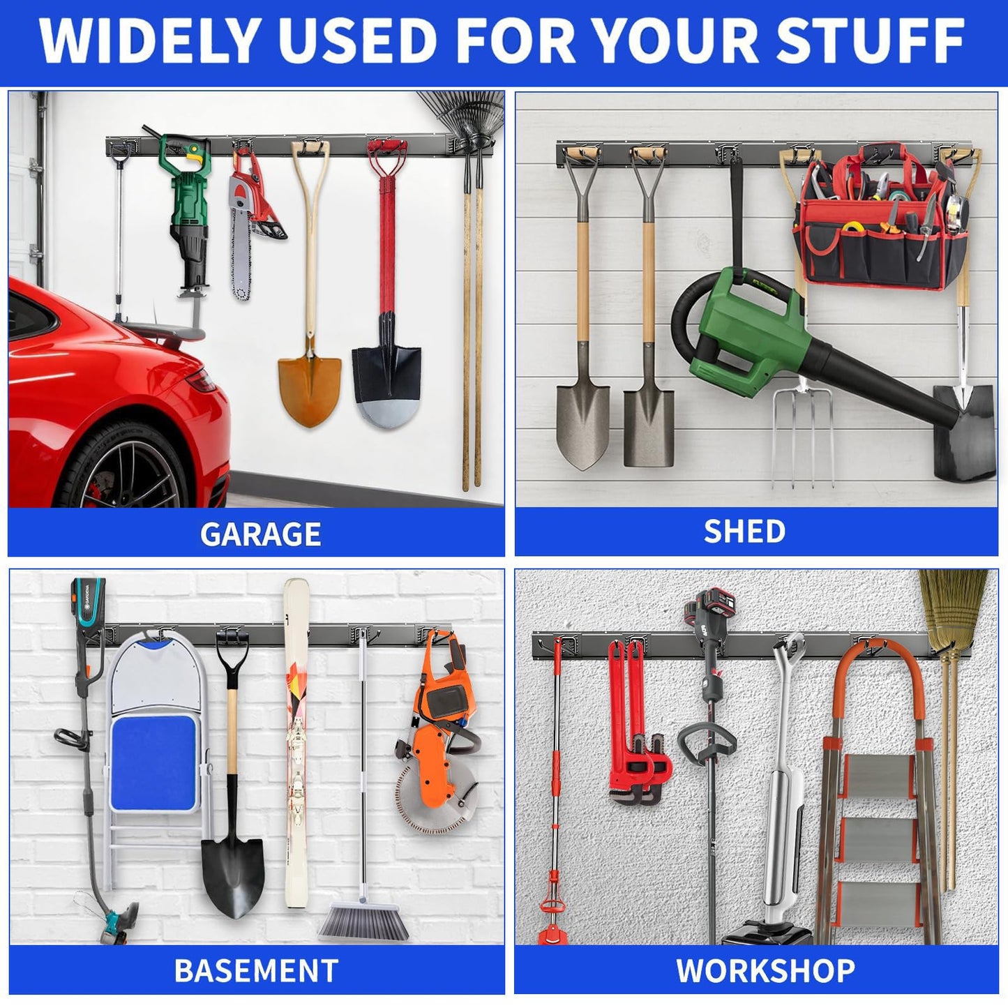 CRXCRC Garage Tool Organizer Wall Mount, 48 Inch Heavy Duty Garden Tool Organizer Storage System, Easy Install with 6 Adjustable Straight Hooks, for Garage, Basement, Shed, Workshop, Black, Steel