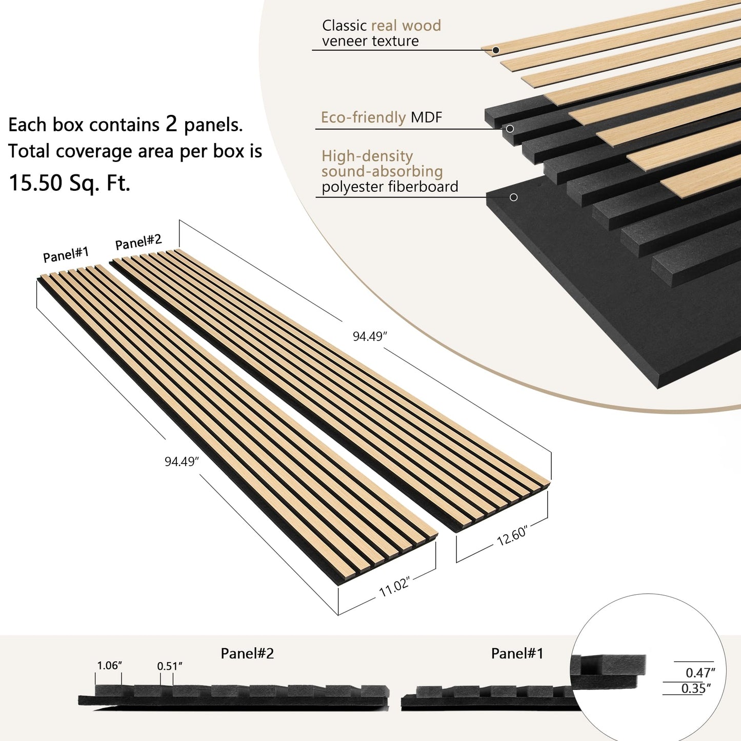 eazart 3D Acoustic Wood Veneer Slat Wall Panels for Interior Wall and Ceilings Panels,Sound-Absorbing Felt Board, Sound Proof Decorative Panels,94.49” x 23.62”Each Box Coverage,2 Pack,Natural Oak
