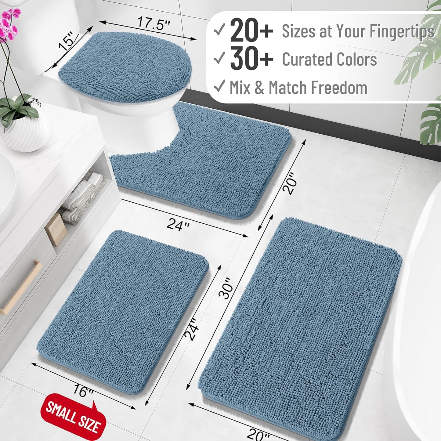 OLANLY Bath Rugs - Extra Soft Chenille, Quick-Dry, Machine Washable | 24x16, Airy Blue Design