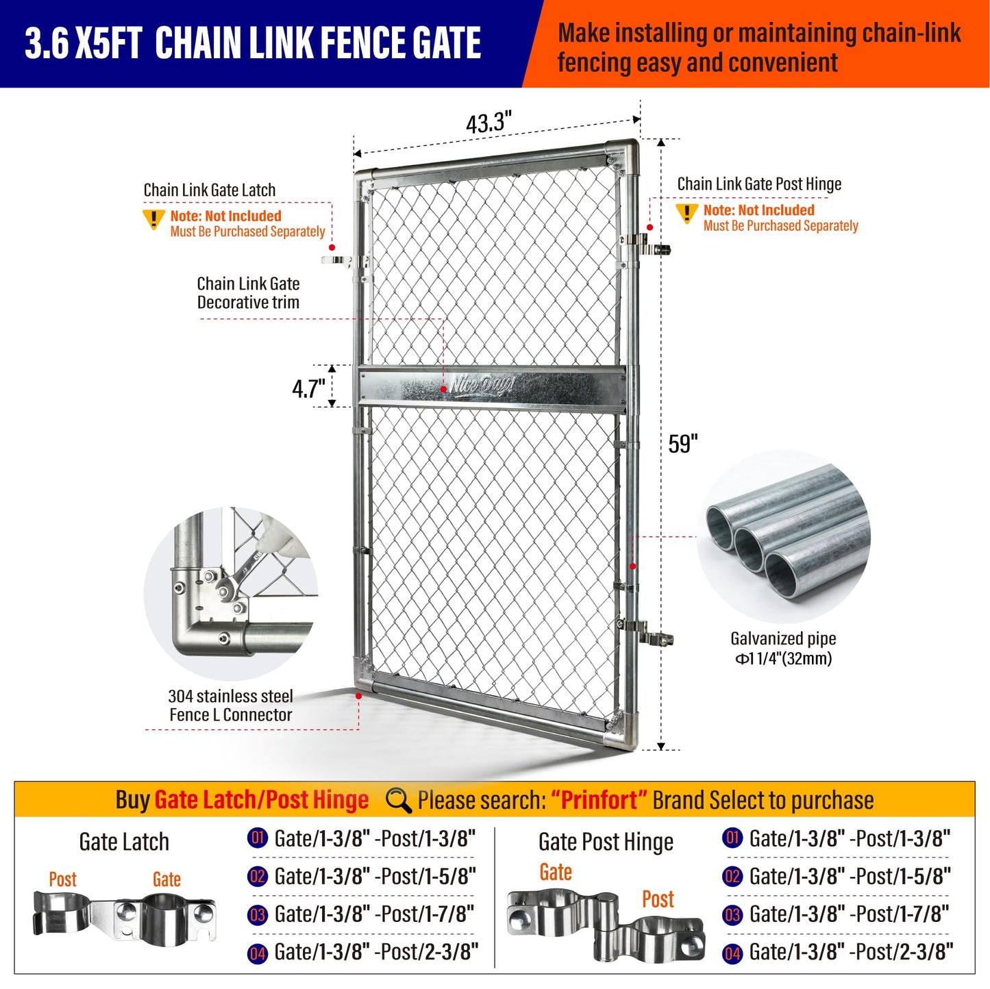 4x5FT(43.3" W x 59.0" H) Heavy Duty Chain Link Gate Easy Installation, Galvanized Steel Chain Link Gate Kit for Yard丨Pet Enclosure丨Backyard（Includes Galvanized Steel Pipes）