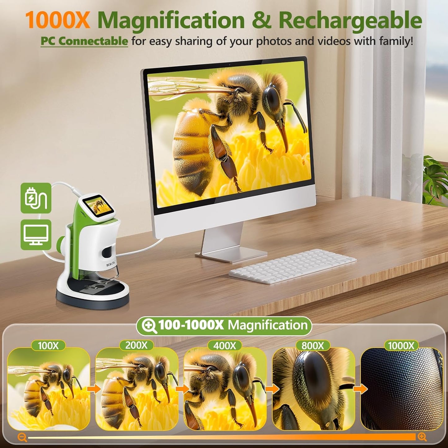 BEBANG 4K 2.0" 1000X 4-12 Set, 32G Detachable Kids Handheld Microscope Miniscope - HD Screen, Digital Pocket Toy