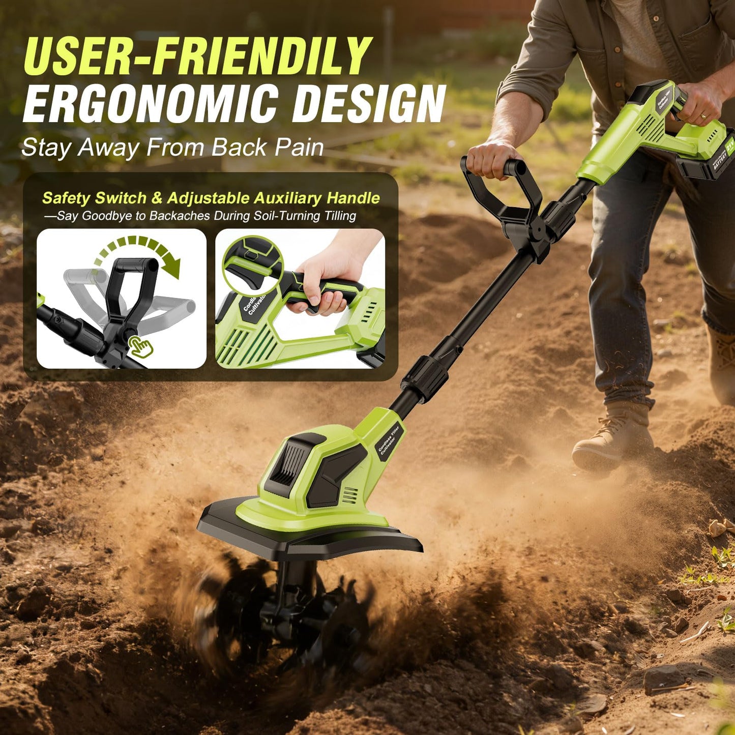 Cordless Tiller Cultivator, 21V Lightweight Tiller for Gardening with 2 * Batteries, Brushless Electric Tiller with 48 Steel Tines, 400RPM, 9.5" Tilling Width, 7" Depth for Gardening、Soil Turning