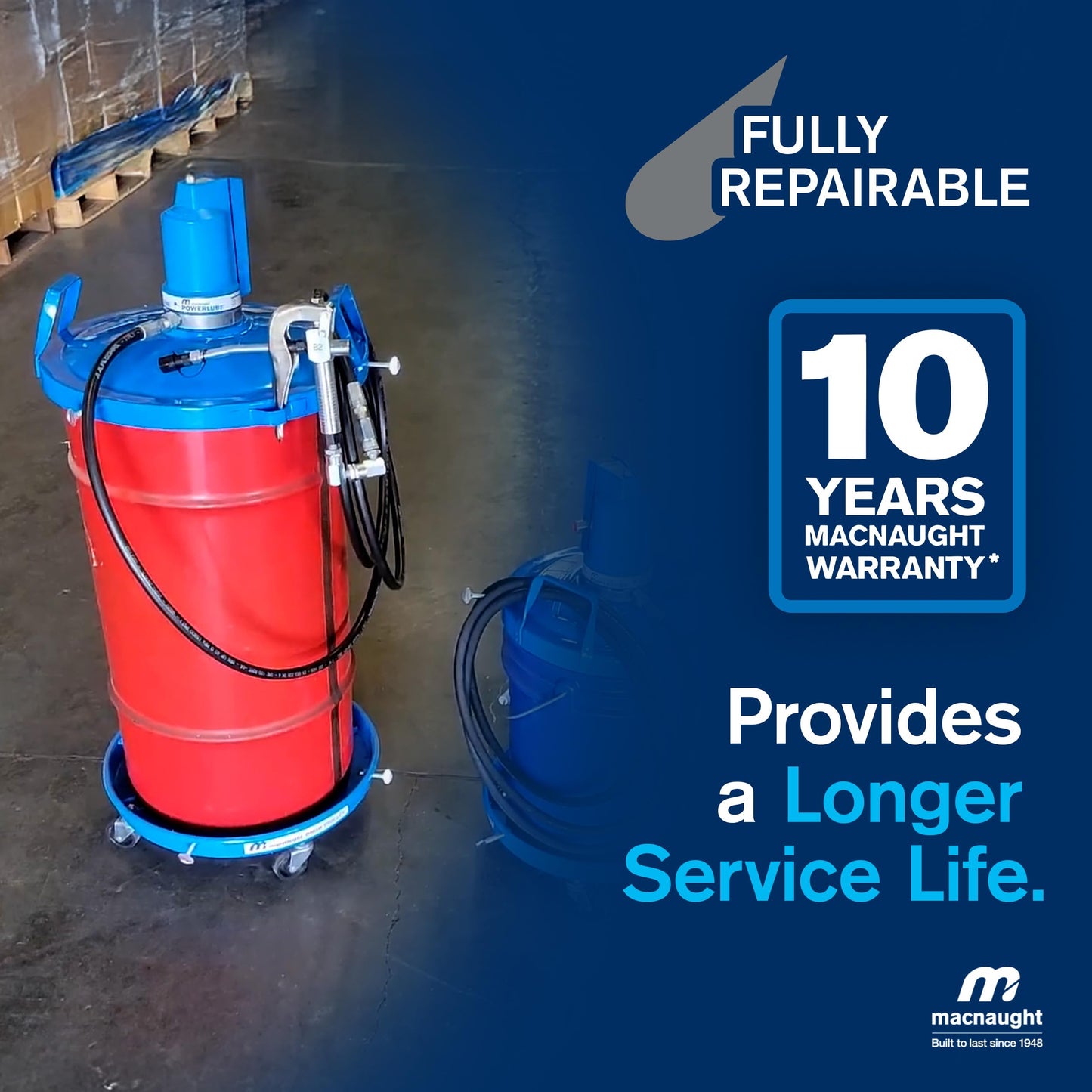 Macnaught Legendary P6TR 50:1 Air-Operated Greasing Pump for 120 lb. Drum. Includes Booster Gun, Hose and Trolley, Low Air Consumption (3CFM)