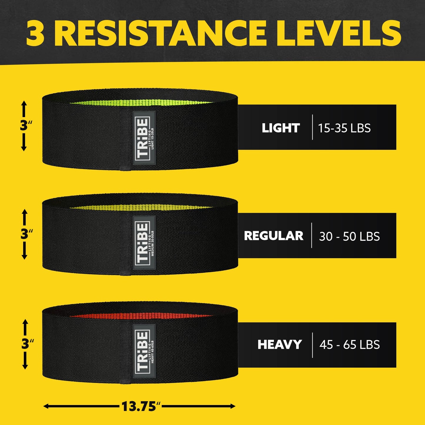 Tribe Lifting Resistance Bands for Working Out - 3 Pack Fabric Workout Bands for Women and Men - Booty Bands for Legs and Glute - Non Slip Exercise Bands Set for Squat Hip Thigh (Black)