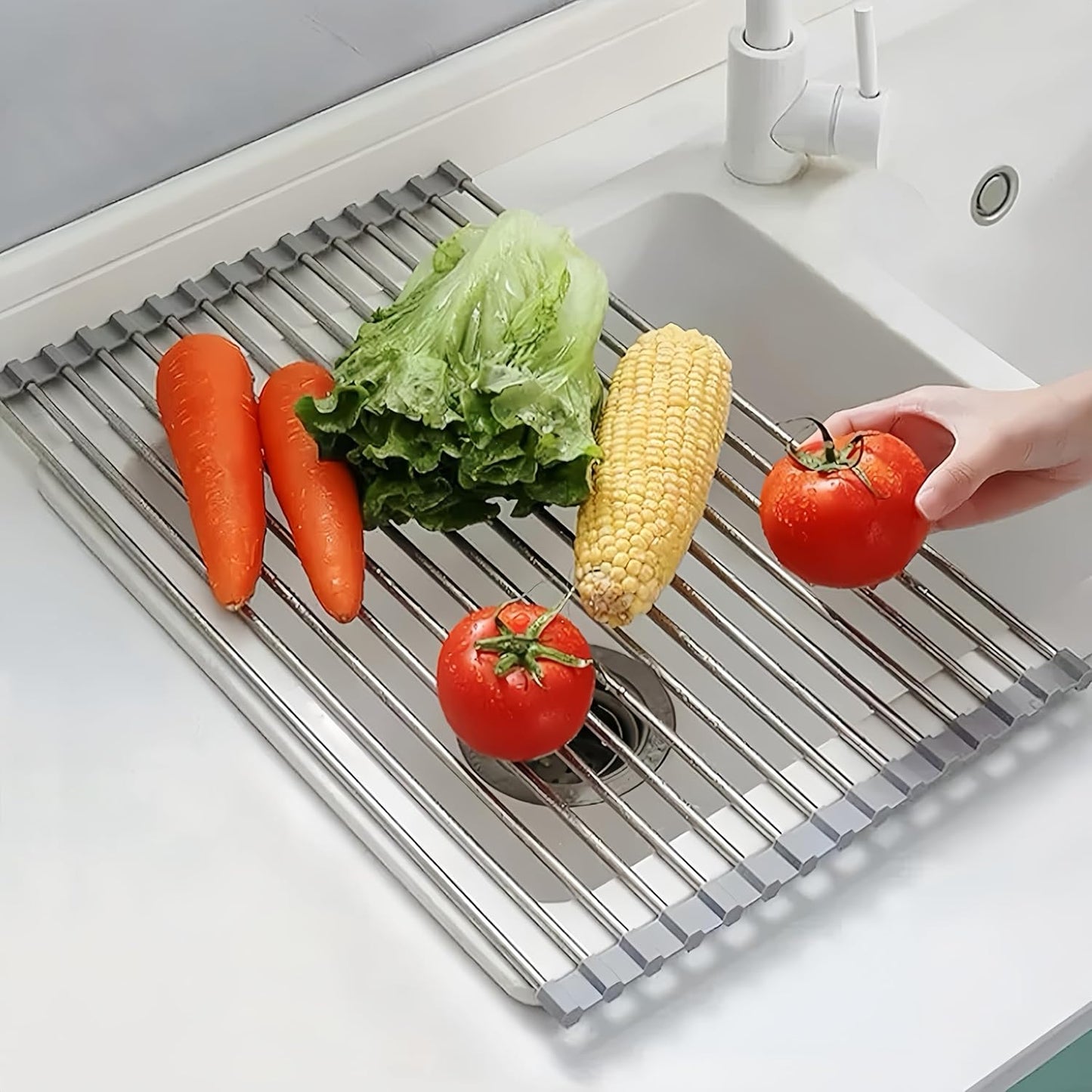 Skiennix Roll Up Dish Drying Rack - Foldable Stainless Steel Kitchen Rack | 17.7" x 11.8" (Grey)