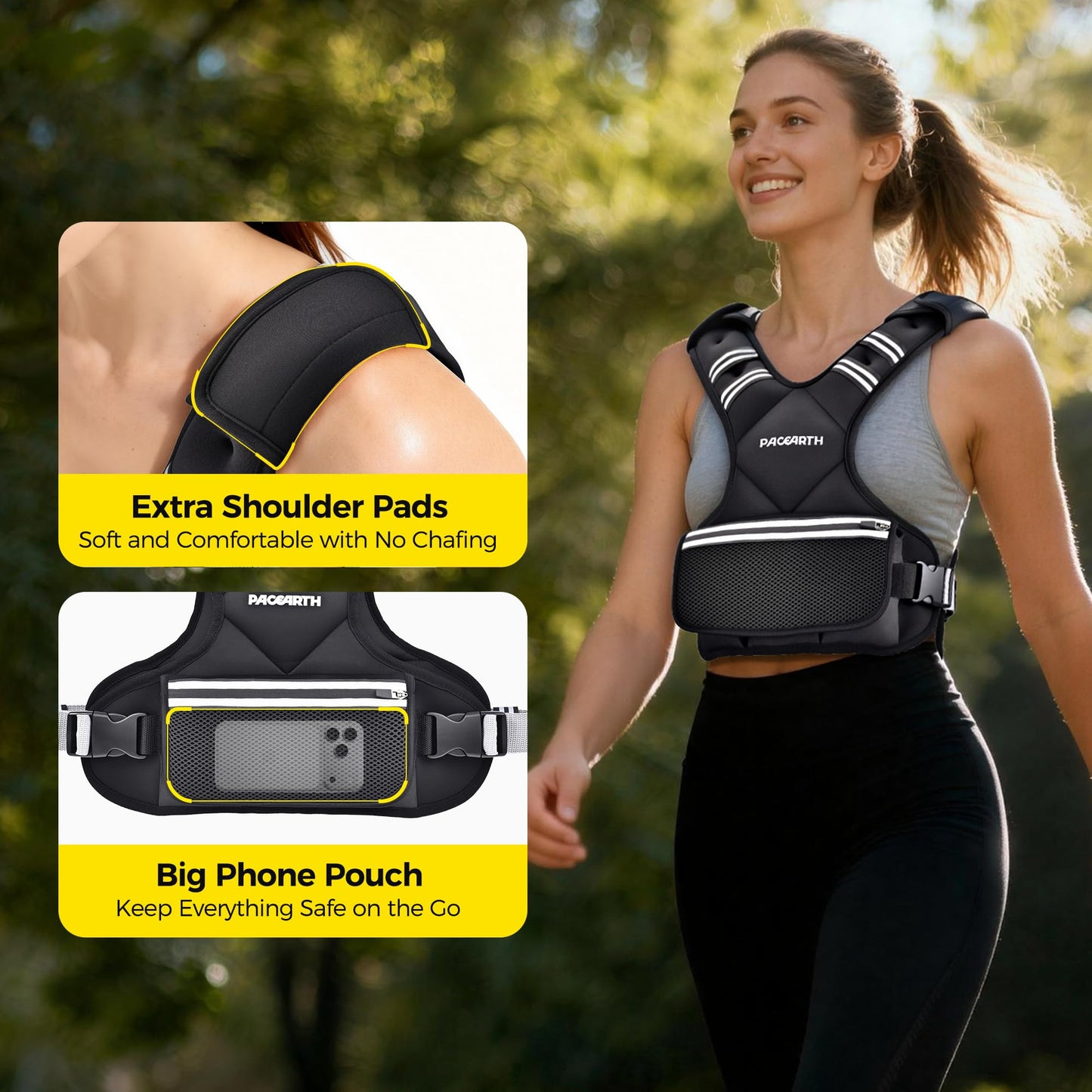 Adjustable Weighted Vest PACEARTH Ironsand Weight Vest with Six 1-Pound Adjustable Weights, 4-10 lbs Total, Big Zipper Pouch, Home Workout Weight Vest for Men and Women in Cardio and Strength Training