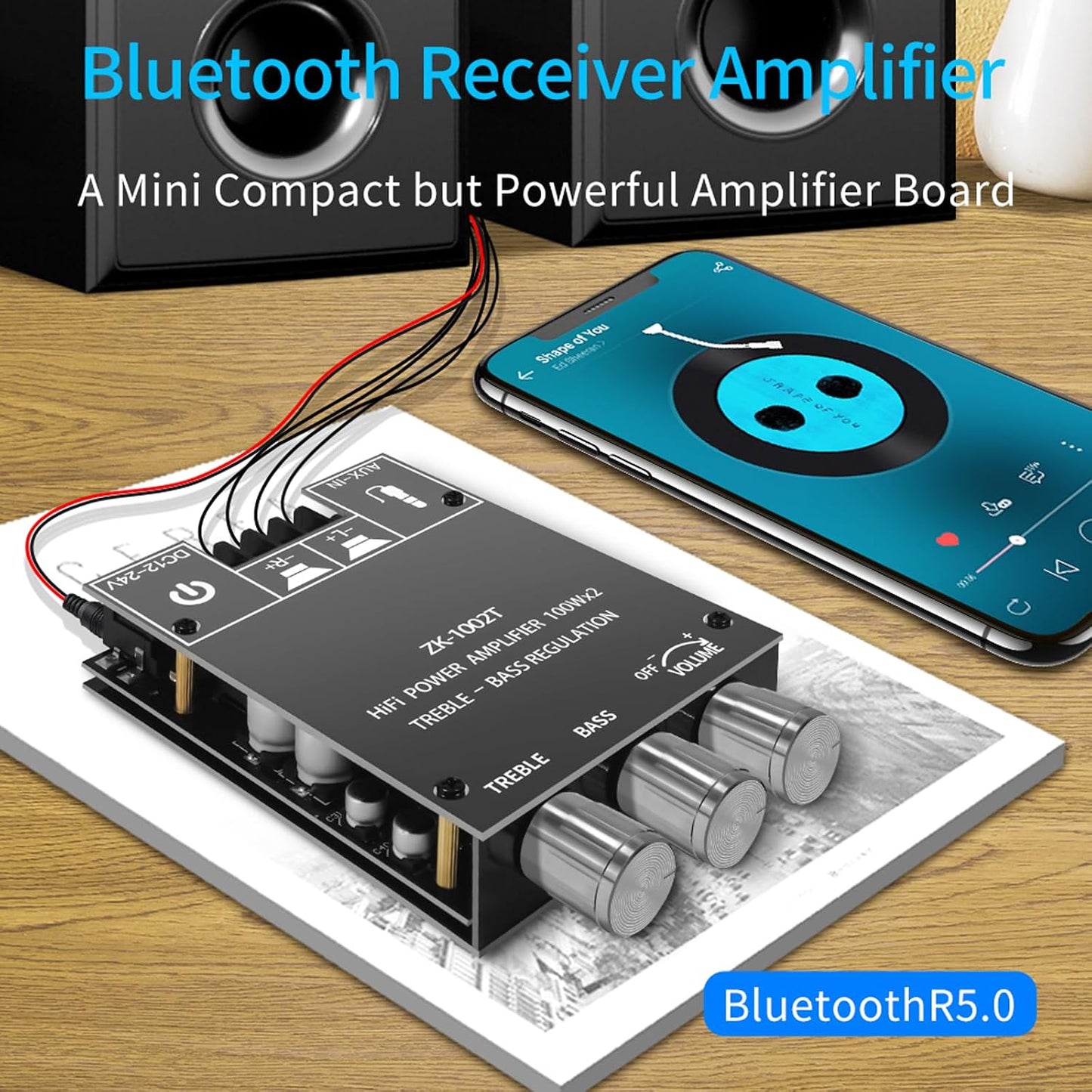 ZK-1002T 100W+100W 2.0 TPA3116D2 9-24V, Bluetooth Amplifier Board with Treble and Bass Control, Channel Stereo Audio