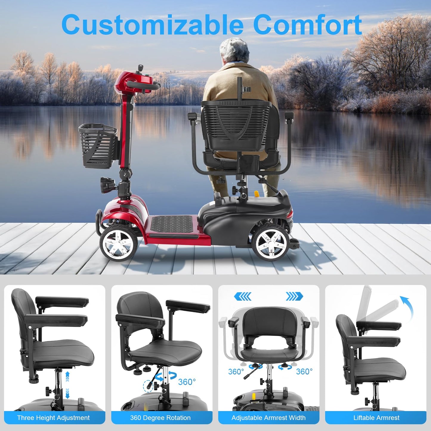 Eldryvon Mobility Scooter for Adults, 15/25/30/50 Miles Long Range, Foldable Electric Scooter for Seniors, Compact Heavy Duty Mobile for Travel, 300Lbs All Terrain, Rotating Wide Seat, Dual Baskets