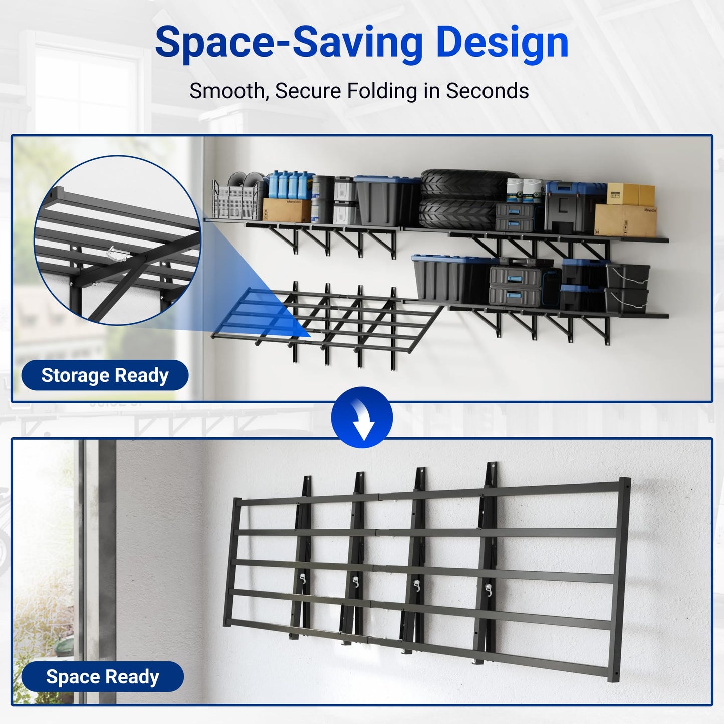 FLEXIMOUNTS Fold-Down 2x6ft Garage Wall Shelving, 2-Pack Heavy Duty Folding Garage Shelving Wall Mounted, 1800 lbs Capacity, Storage for Power Tools, Garden Supplies & Seasonal Storage, Lite Series
