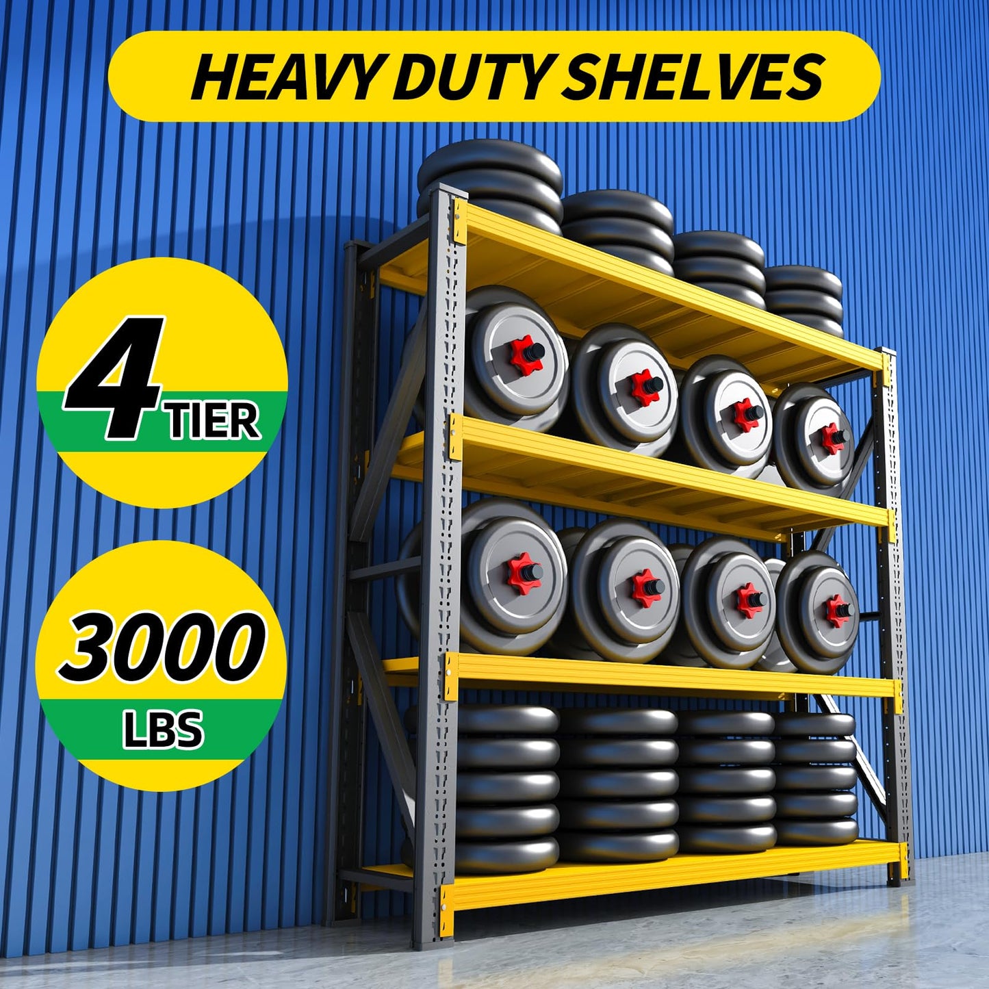 Qxdyt 3000LBS Heavy Duty Storage Shelves,78''H Metal Garage Shelving, 4-Tier Adjustable Garage Organization Shelving Units, Industrial Shelving for Warehouse,Workshop- Black & Yellow