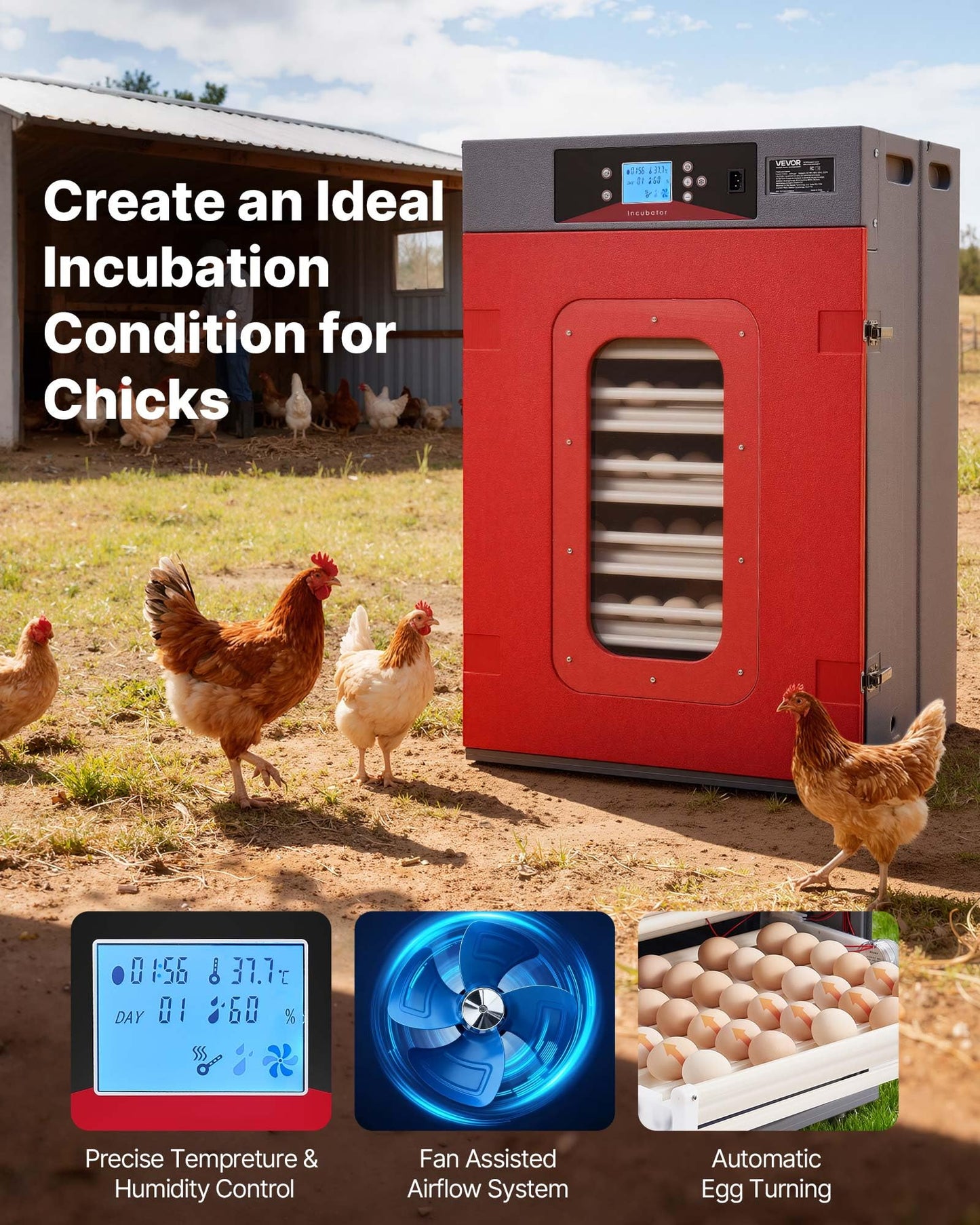 VEVOR 400 Egg Incubator, Poultry Incubator Cabinet with Automatic Eggs Turning, Temperature & Humidity Control, Heating & Cooling Egg Hatcher, Commercial Incubators for Hatching Chicks Ducks Goose