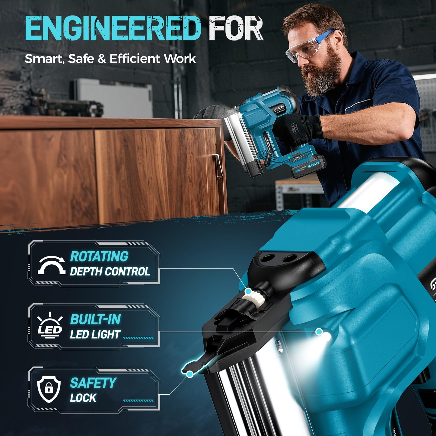 GEVEELIFE Cordless 2" Brad Nailer, 2-in-1 20V Nail Gun Cordless with 2×2.0Ah Batteries, 18GA Nail Gun & Staple Gun,1000pcs Nails, Adjustable Depth, 2 Modes for Wood Carpentry