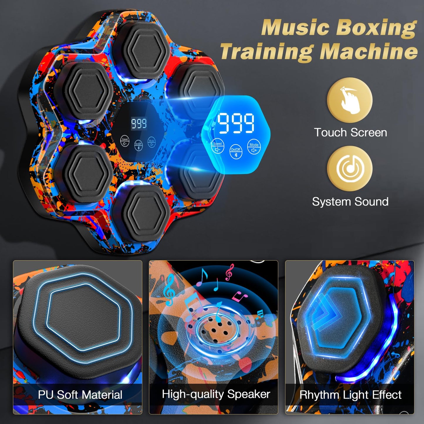 Music Boxing Machine, Smart Bluetooth Boxing Machine with Gloves, Wall Mounted Music Punching Trainer for Kids Adult, LED Electronic Boxing Workout Target with 9 Modes & 9 Speeds
