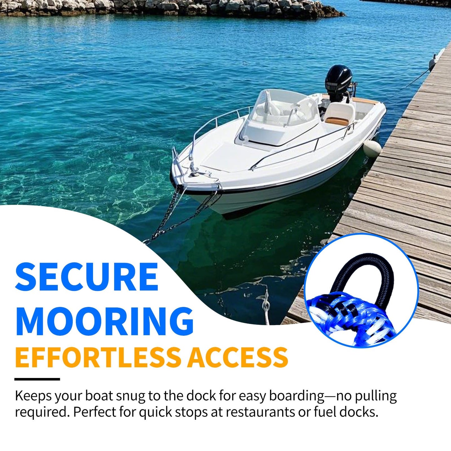 ZRSCHYG Bungee Dock Lines for Boats 2FT, Boat Tie Downs for Dock with Hooks, Elastic Dock Ties for Small Boat Jet Ski Kayak Mooring (2 Foot, 2-Pack, Blue,Black&White)