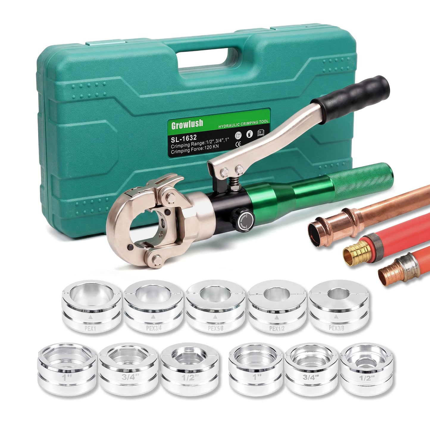 Growlush Copper Pipe press Tool with 1/2",3/4",1" Dies for Copper Pipe and F877 Stainless PEX Press Sleeves, 3/8",1/2",5/8",3/4",1" Dies for ASTM F1807 Pex Pipe Copper Ring Pipe Fittings Crimping Tool