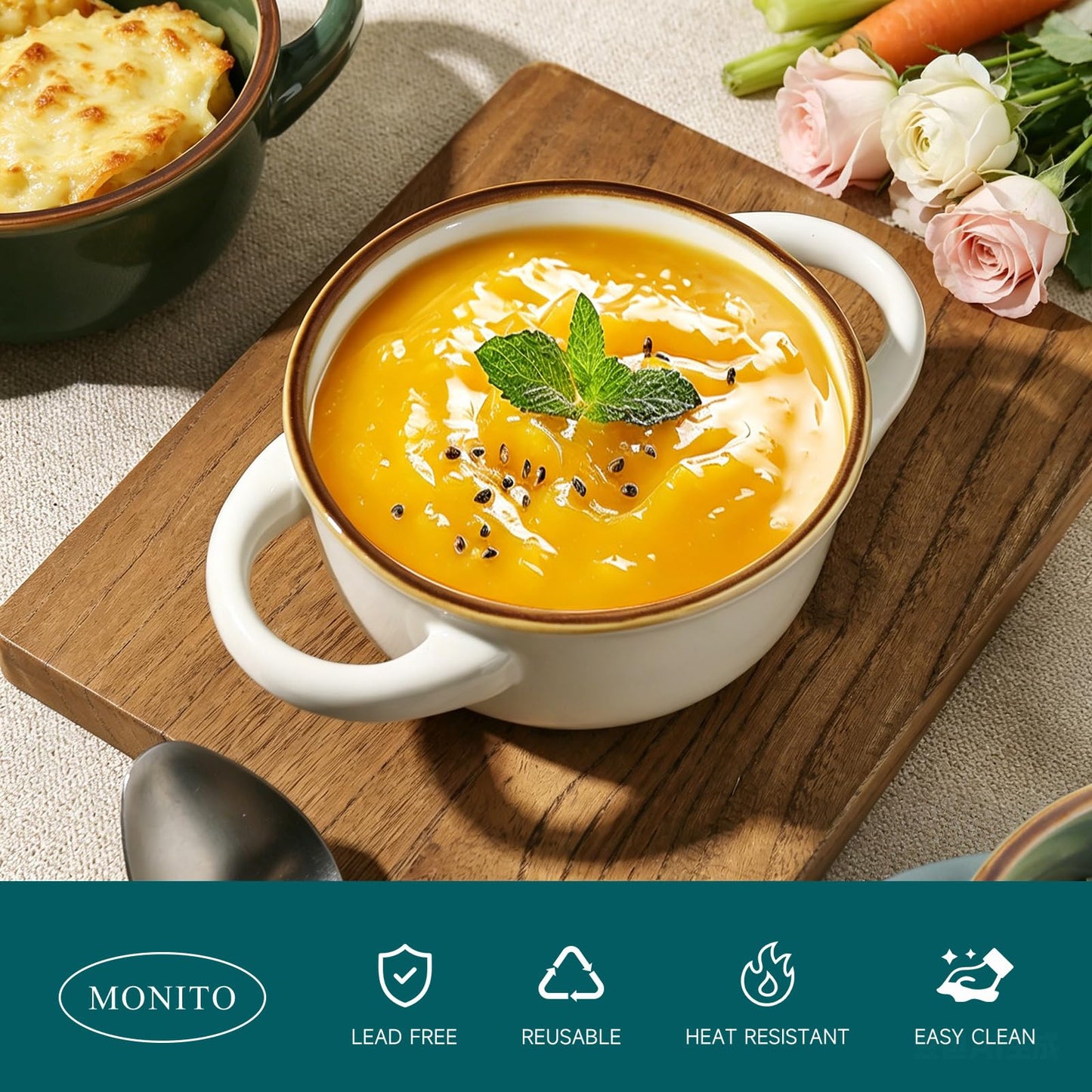 MONITO Ceramic Soup Bowl with Handles, 16 oz French Onion Soup Bowls, Ceramic Soup Bowls for Cereal, Pasta, Chilli, Beef Stew, Stackable Serving Bowl Set of 4 (16 OZ)