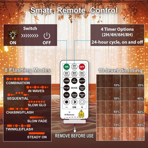HXWEIYE 300LED Fairy Curtain Lights - 9.8x9.8Ft USB Plug-In with 8 Modes & Remote | Orange Indoor Decor
