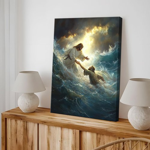 Jesus Wall Art by KFYMP - Inspiring Canvas Print of Jesus Rescuing Peter - 12x16 Inch Christian Decor