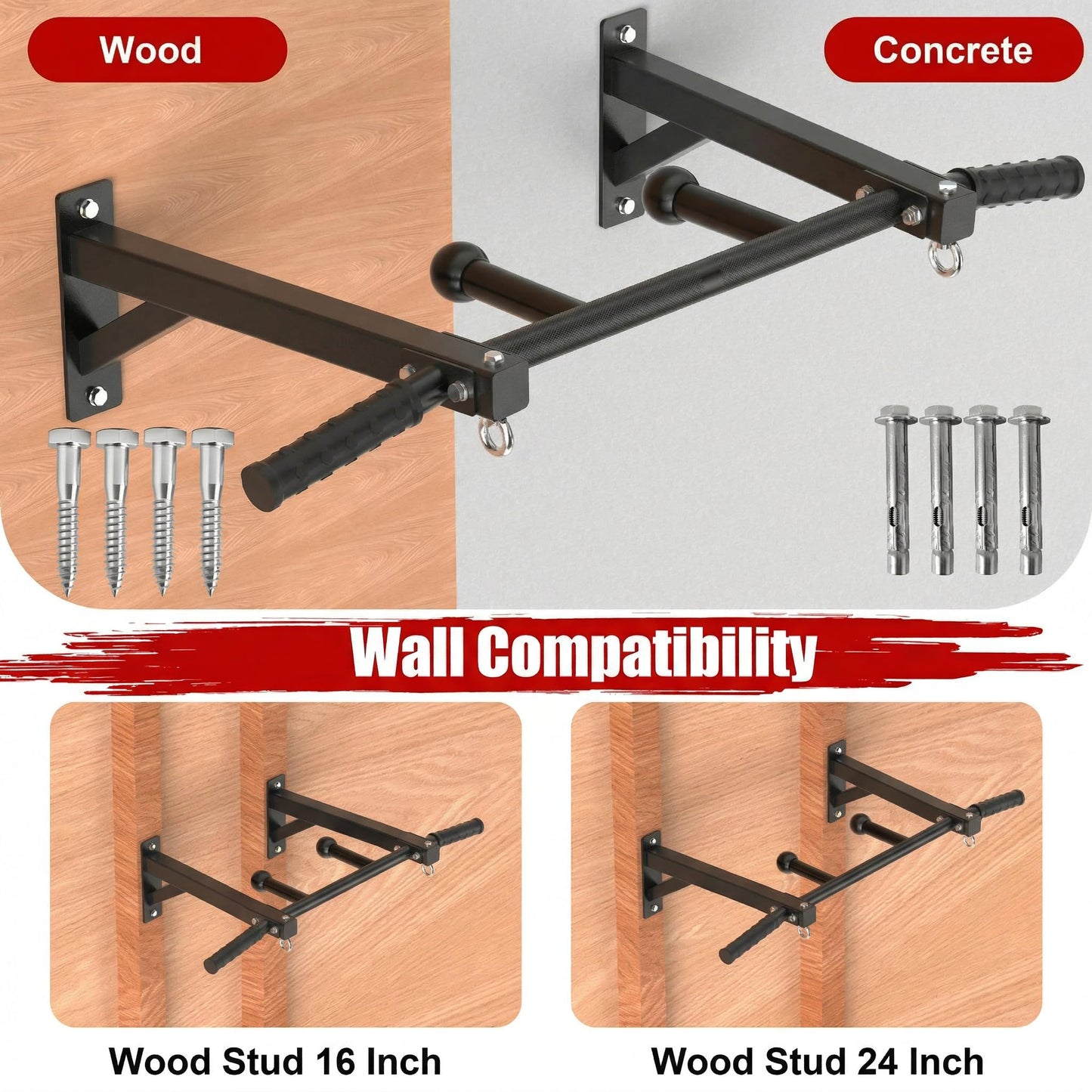HWOOUSA Wall Mount Pull Up Bar, Heavy Duty Steel PullUp Bar Fits Wood Studs, Multi Grip Pull Up Bar with Ball Finger & Round Rings, for Home Gym Garage Basement Strength Training Chin Up Bar