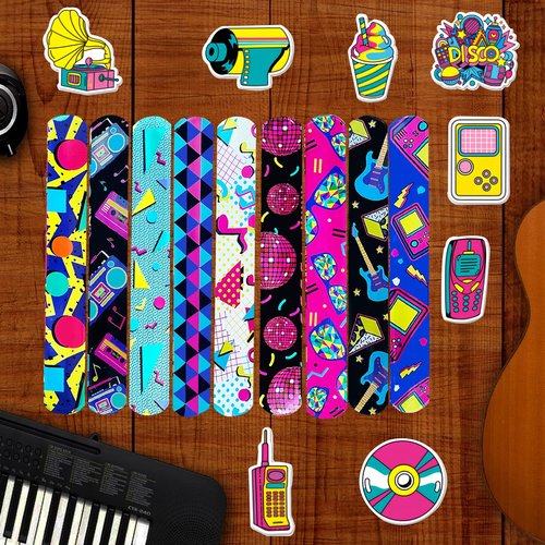 CZWXOXO 74Pcs 80s Theme Party Favors Contain 24 Pcs 80s Theme Slap Bracelets 50Pcs 80s Theme Stickers, Retro Birthday Party Decorations,Classroom Rewards Supplies.