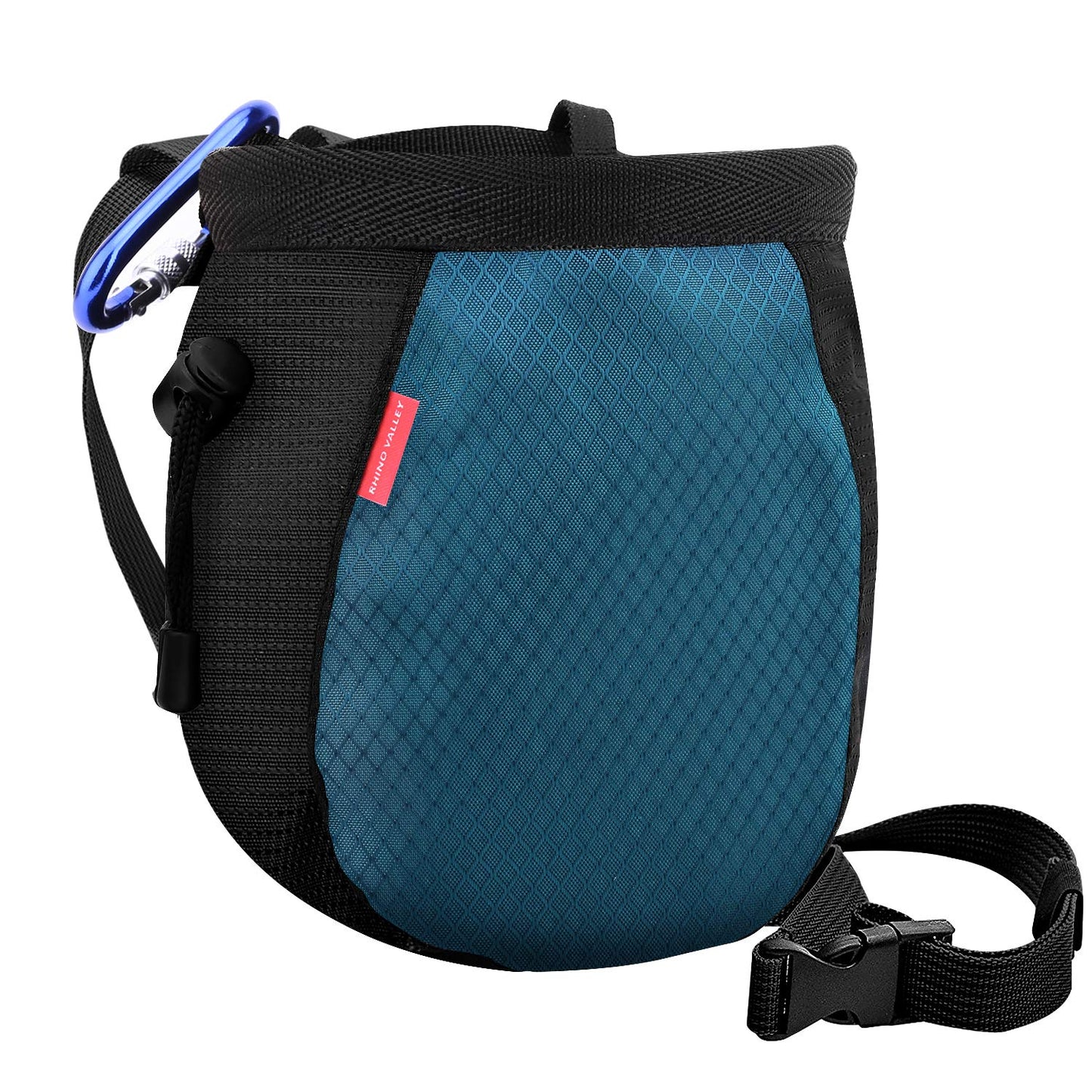 Rhino Valley Climbing Chalk Bag, No Leak Drawstring Chalk Bag with Adjustable Belt, Carabiner Clip and Zippered Pockets Chalk Bag for Rock Climbing, Cross Fit, Weight Lifting & More,Black & Royal Blue
