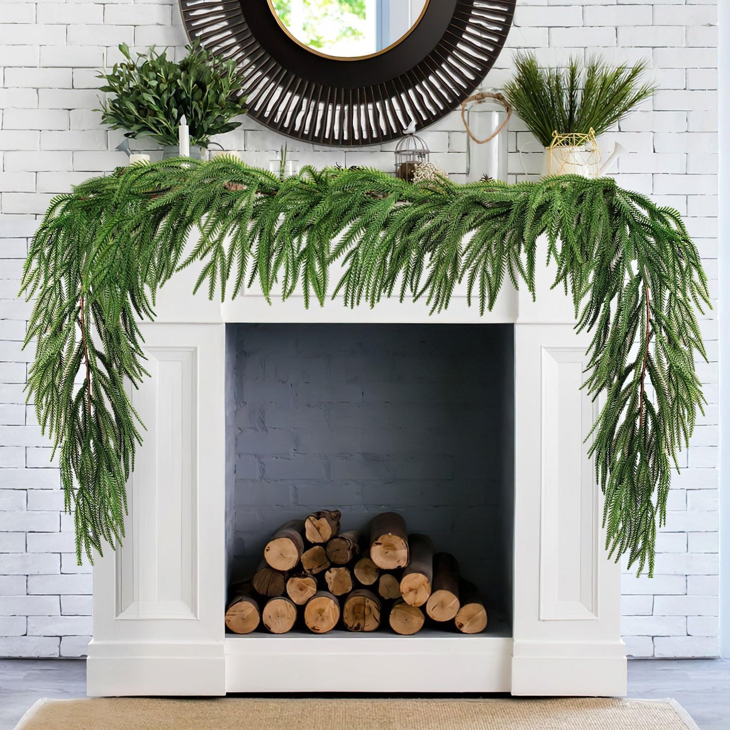 Tirdkid 2 Pack Christmas Garland Table Garland Real Touch Norfolk Pine Garland, 12ft Artificial Faux Greenery Garlands for Wedding Mantle Indoor Home Decor Xmas Holiday Seasonal