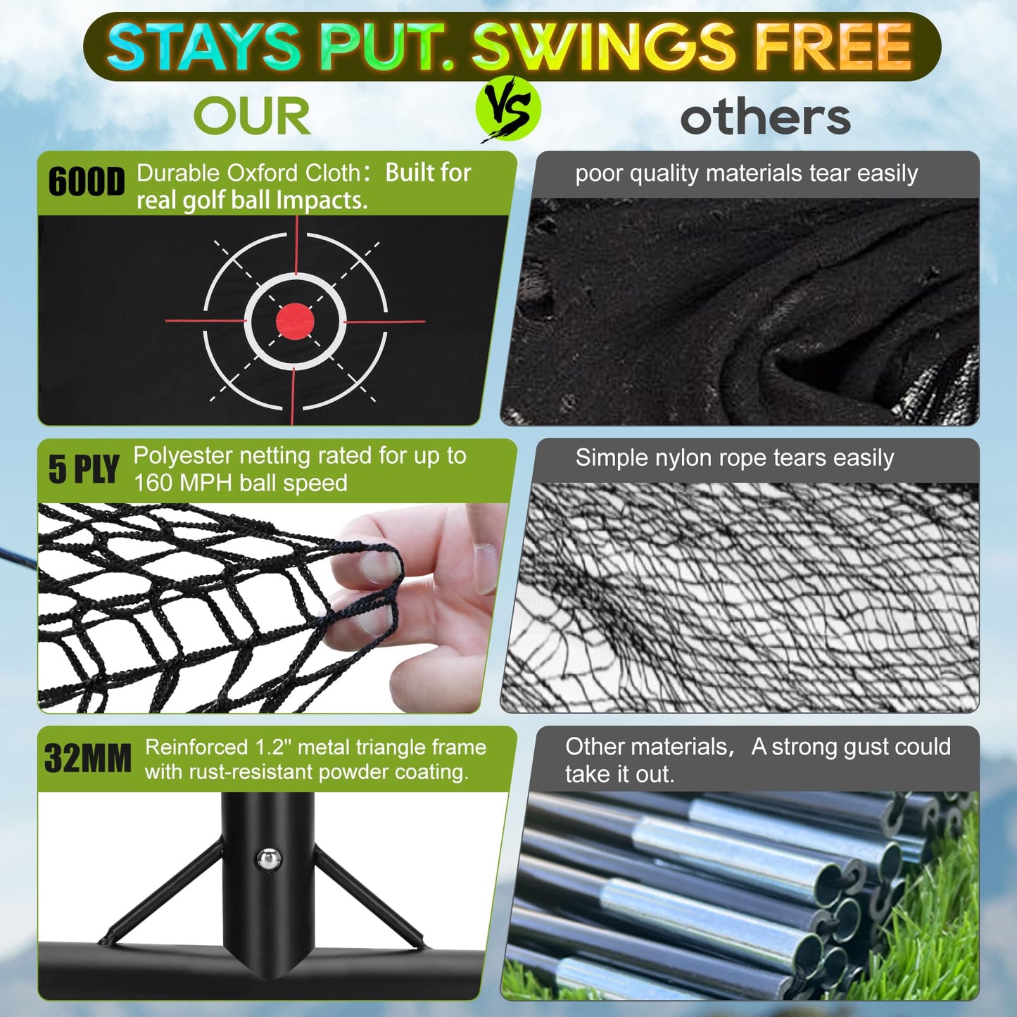 10x7ft Golf Hitting Practice Net for Real Golf Balls, Heavy Duty Driving Training Cage with Reinforced 7-Layer Mesh & Mat, Portable Backyard Net for Indoor Outdoor to Improve Your Swing