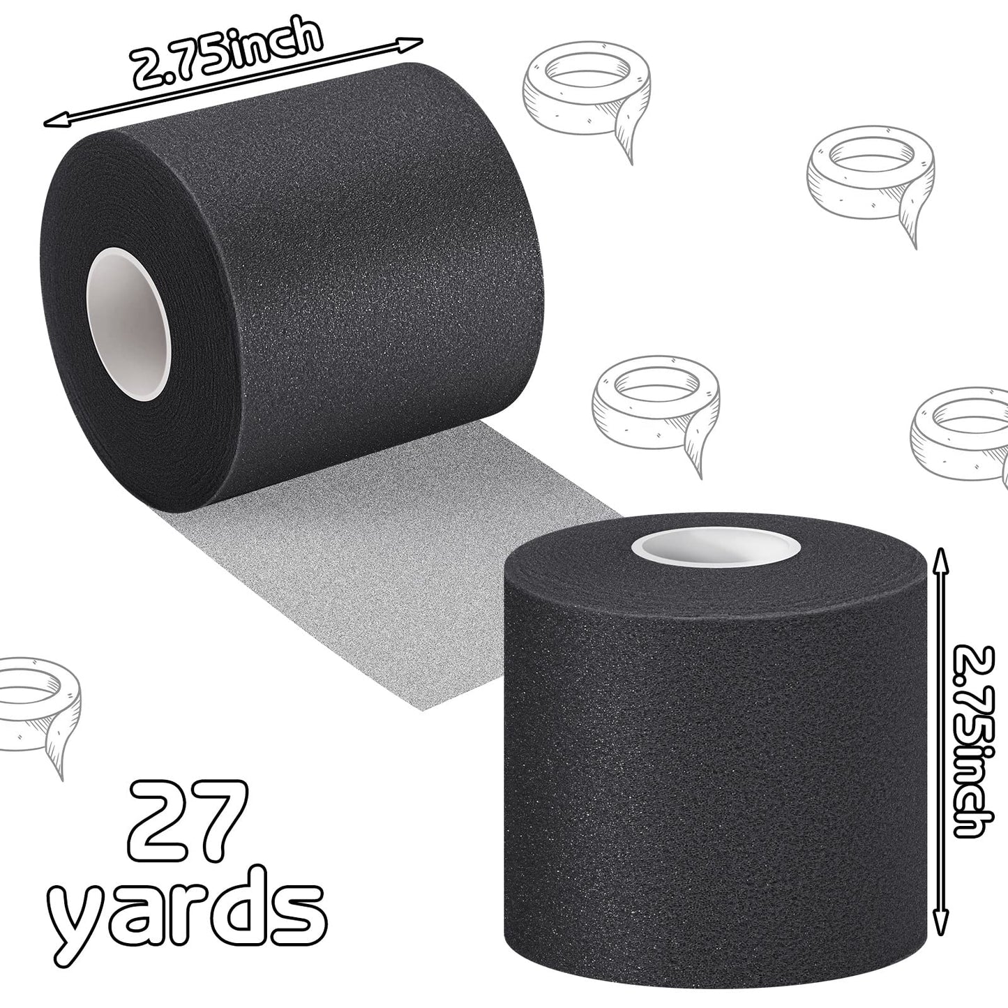 Nuanchu 12 Pcs Pre Wrap Athletic Tape, 2.75inch x 30 Yards Foam Sport Underwrap Tapes Prewrap Tape for Hair Wrists Hands Ankles Knees Women Man Hiking Running(Black)