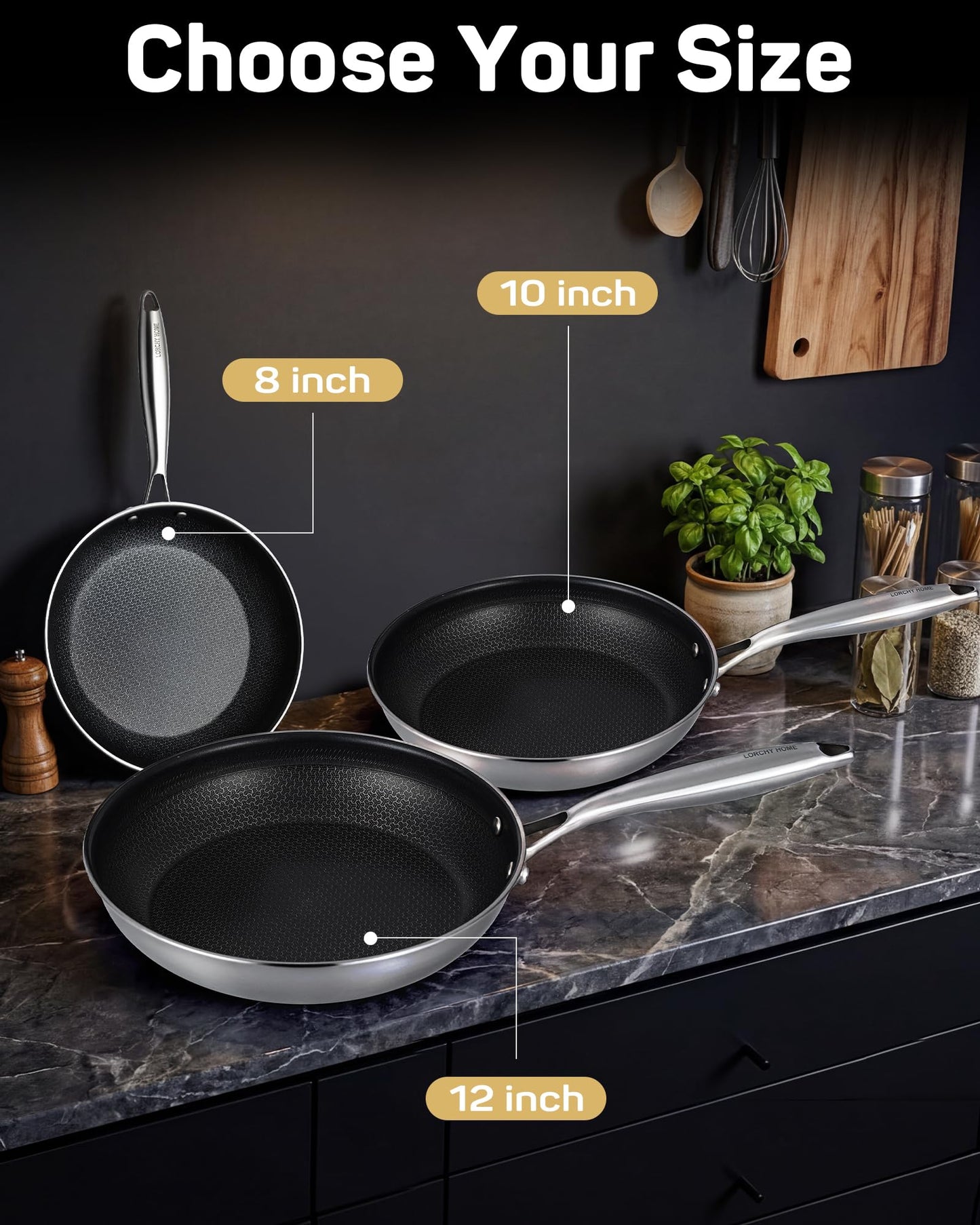 Lorchy Home 10" Hybrid Nonstick Frying Pan, Stainless Steel Ceramic Nonstick Skillet, Non Stick Pan for Eggs, Steak & Everyday Cooking, Induction Compatible, Oven Safe Cookware