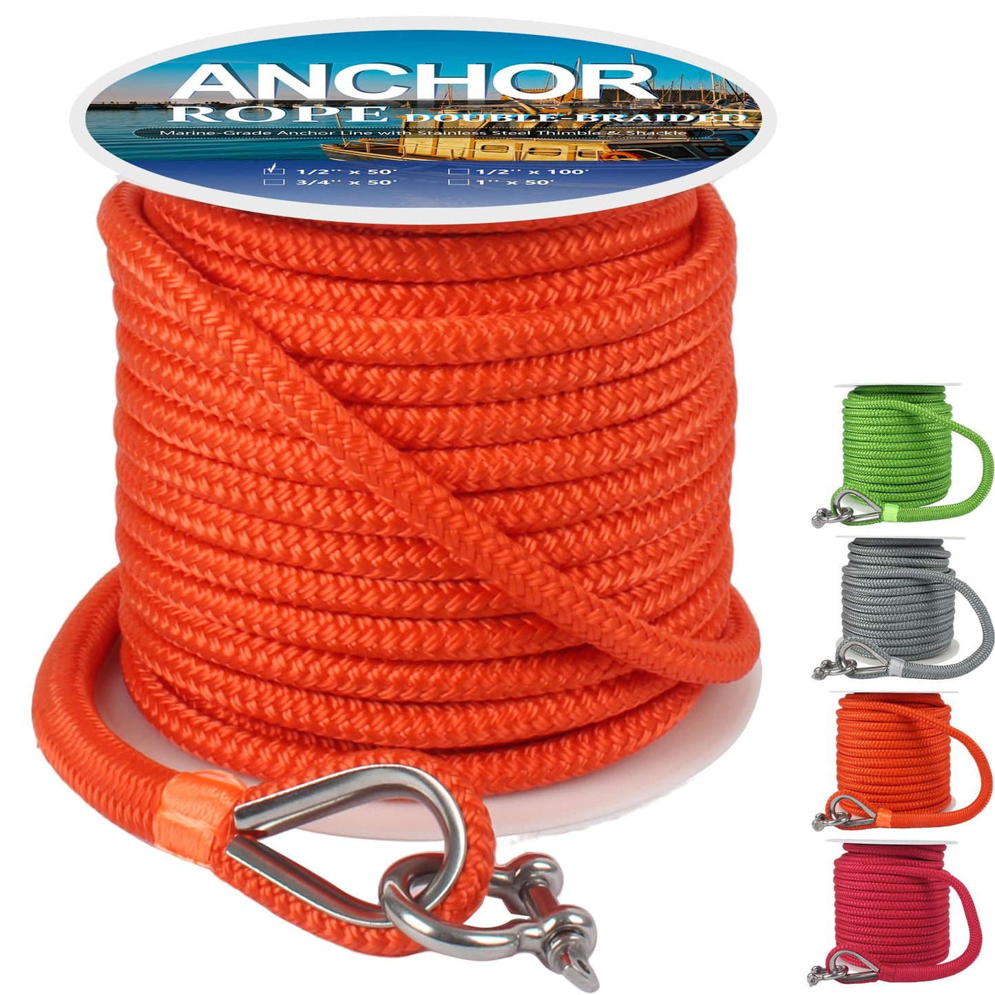 Anchor Rope 50 ft X 1/2 inch, Double Braided Anchor Line, Boat Rope with Stainless Steel Thimble and Shackle for Boating, Anchoring, Mooring, Pulling (Orange)